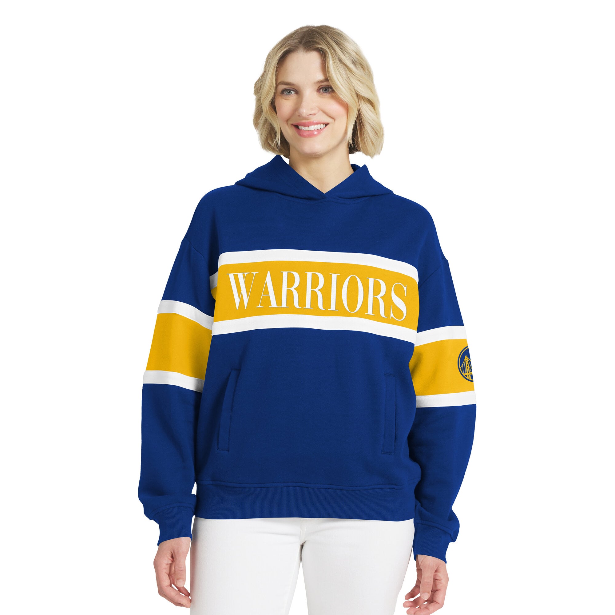 Women's WEAR by Erin Andrews Royal Golden State Warriors Stripe Pullover Hoodie