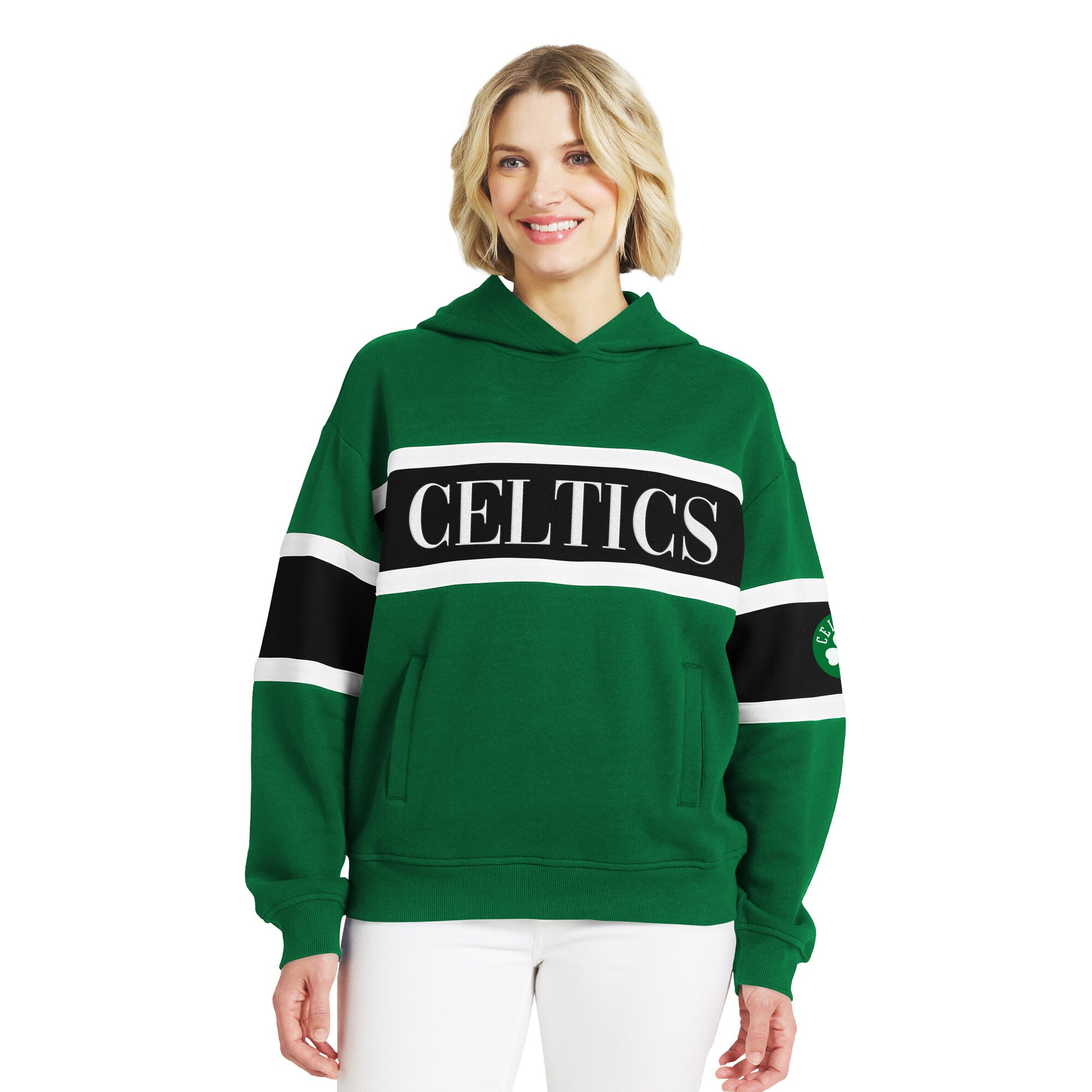 Women's WEAR by Erin Andrews  Kelly Green Boston Celtics Stripe Pullover Hoodie