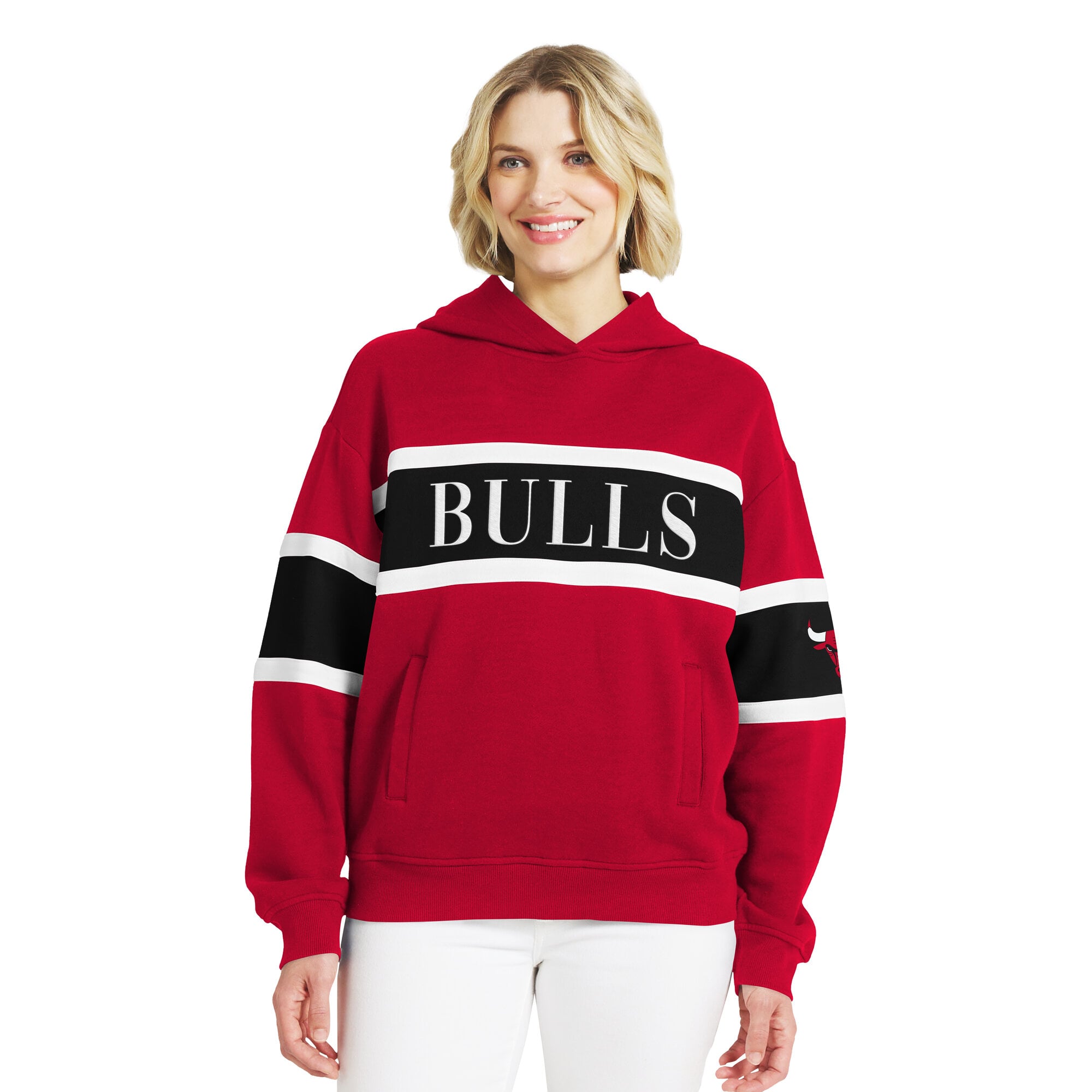 Women's WEAR by Erin Andrews  Red Chicago Bulls Stripe Pullover Hoodie