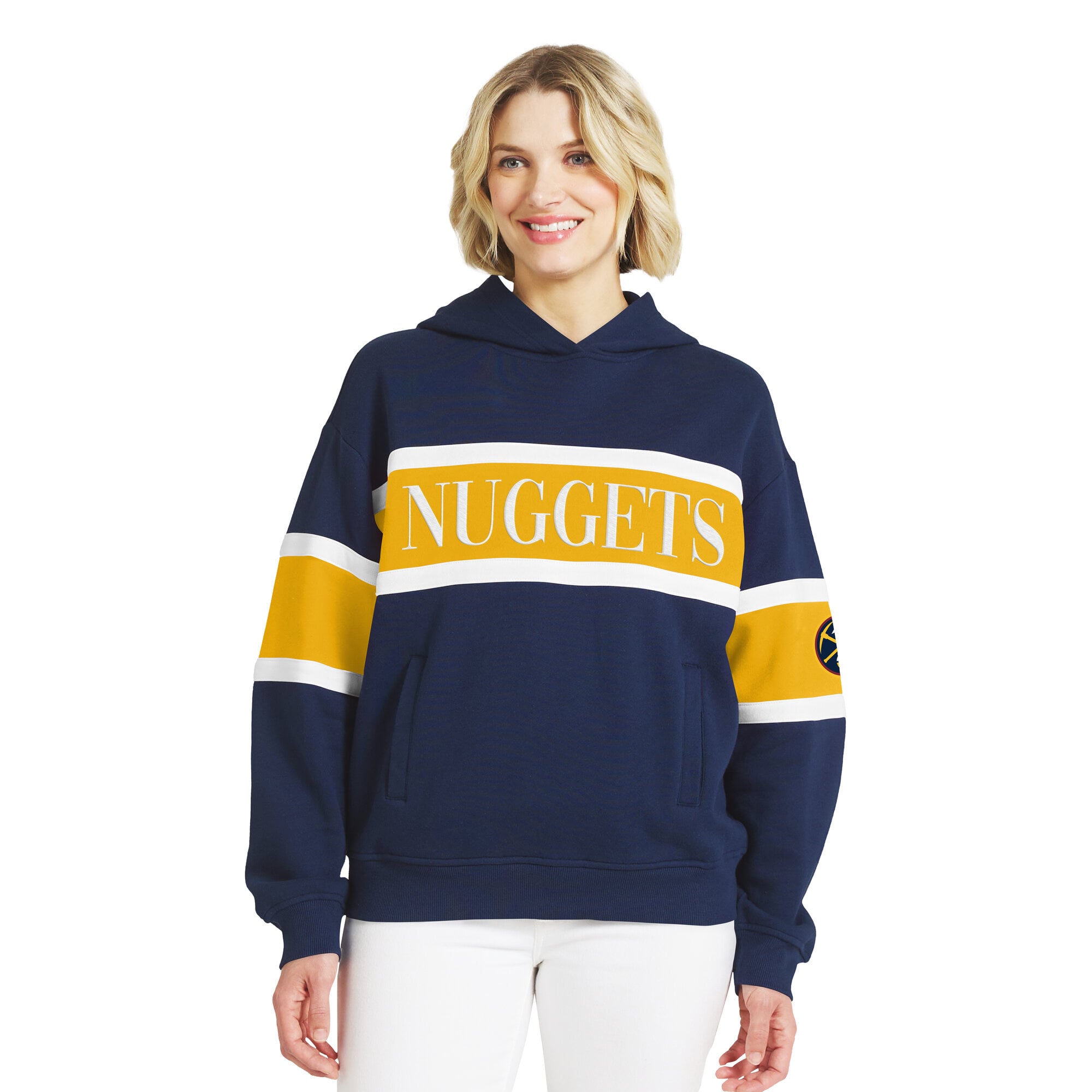 Women's WEAR by Erin Andrews  Navy Denver Nuggets Stripe Pullover Hoodie