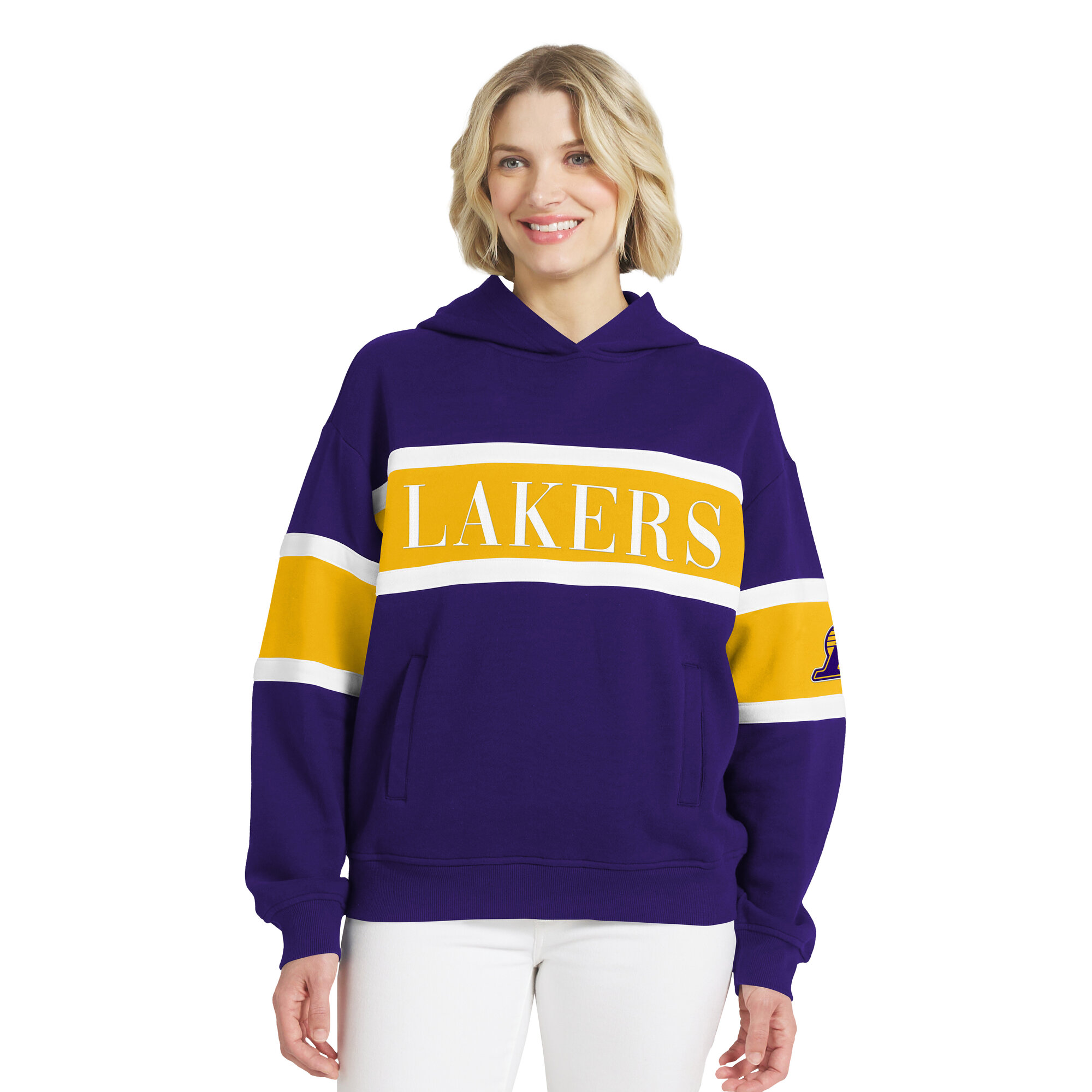 Women's WEAR by Erin Andrews  Purple Los Angeles Lakers Stripe Pullover Hoodie