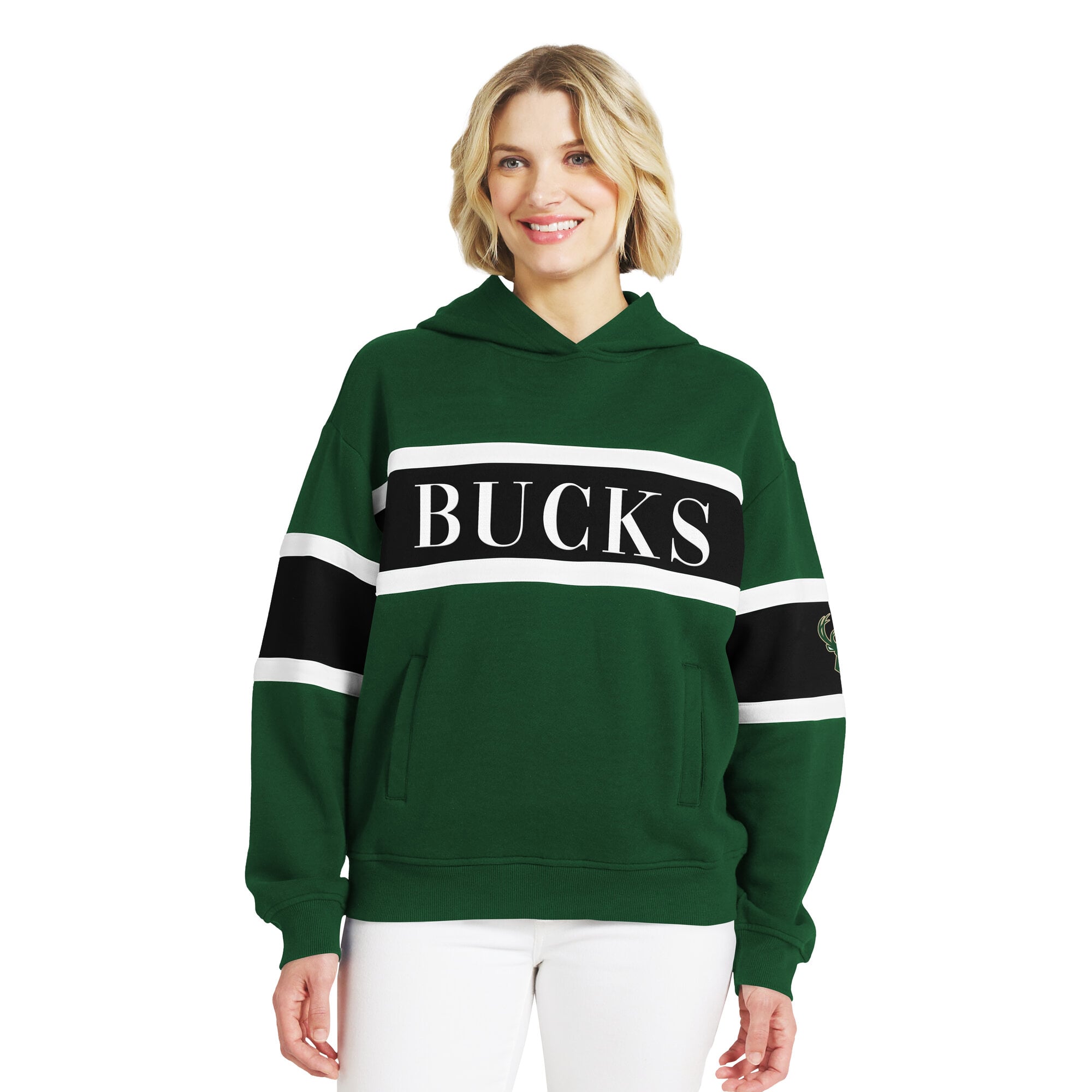 Women's WEAR by Erin Andrews  Hunter Green Milwaukee Bucks Stripe Pullover Hoodie