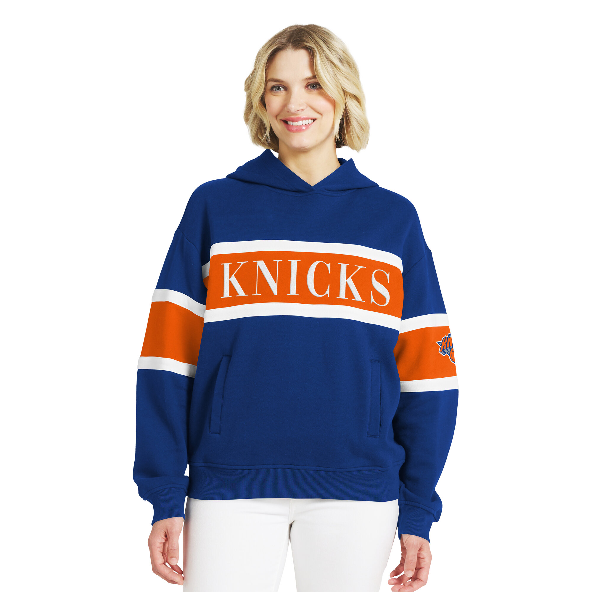 Women's WEAR by Erin Andrews Blue New York Knicks Stripe Pullover Hoodie
