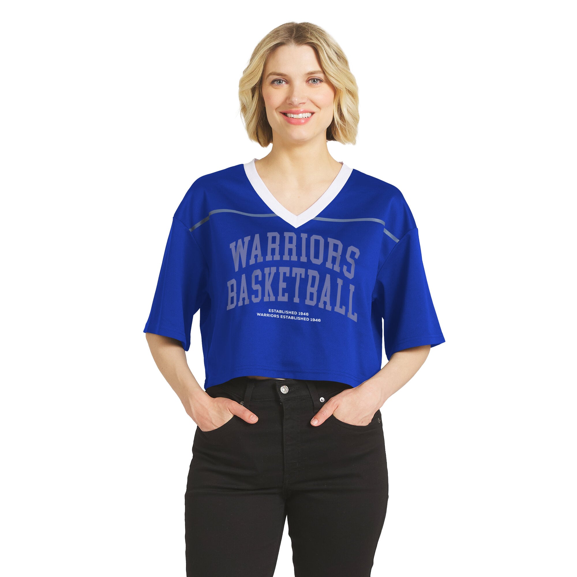 Women's WEAR by Erin Andrews Royal Golden State Warriors Cropped Jersey V-Neck T-Shirt
