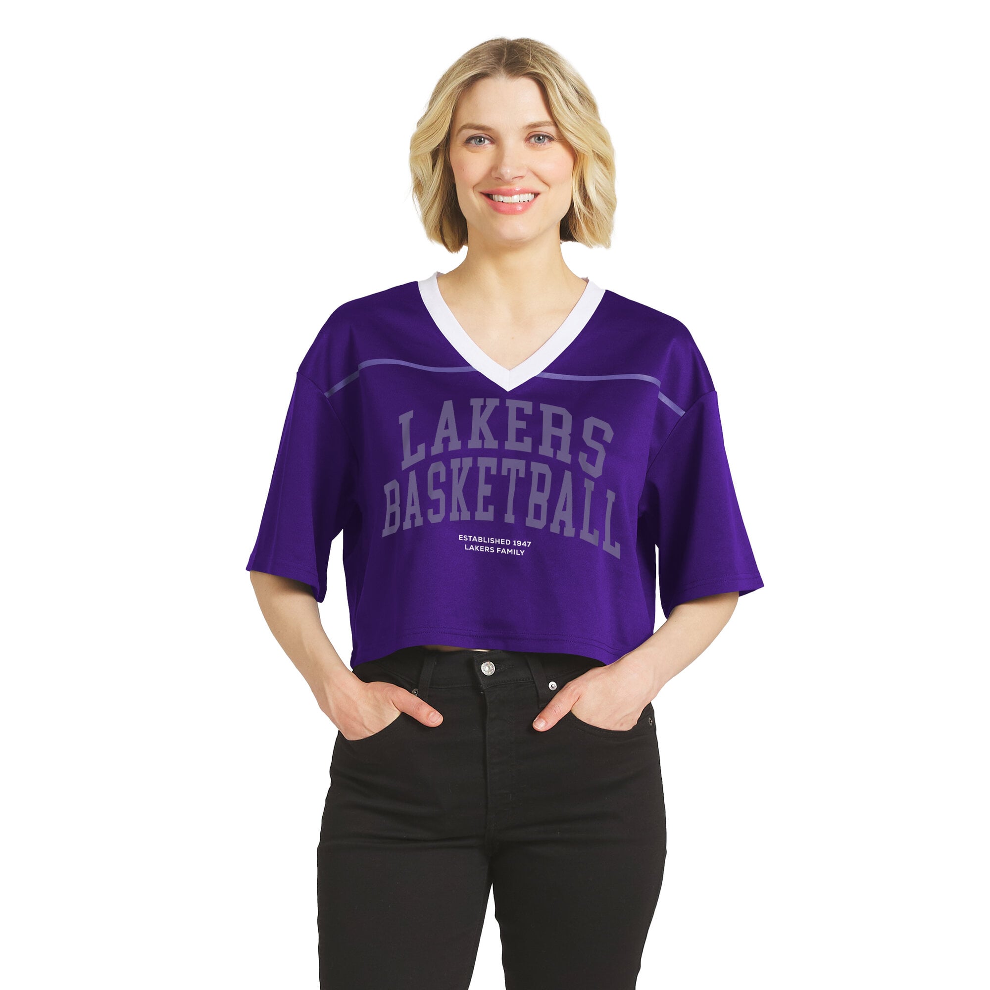 Women's WEAR by Erin Andrews  Purple Los Angeles Lakers Cropped Jersey V-Neck T-Shirt