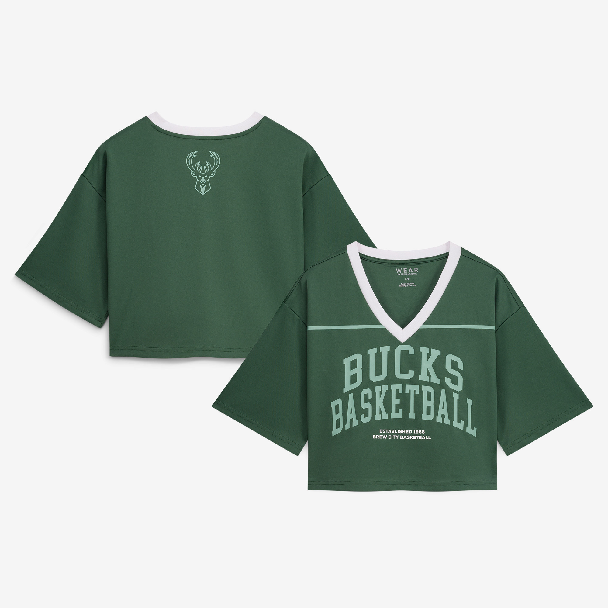 Women's WEAR by Erin Andrews  Hunter Green Milwaukee Bucks Cropped Jersey V-Neck T-Shirt