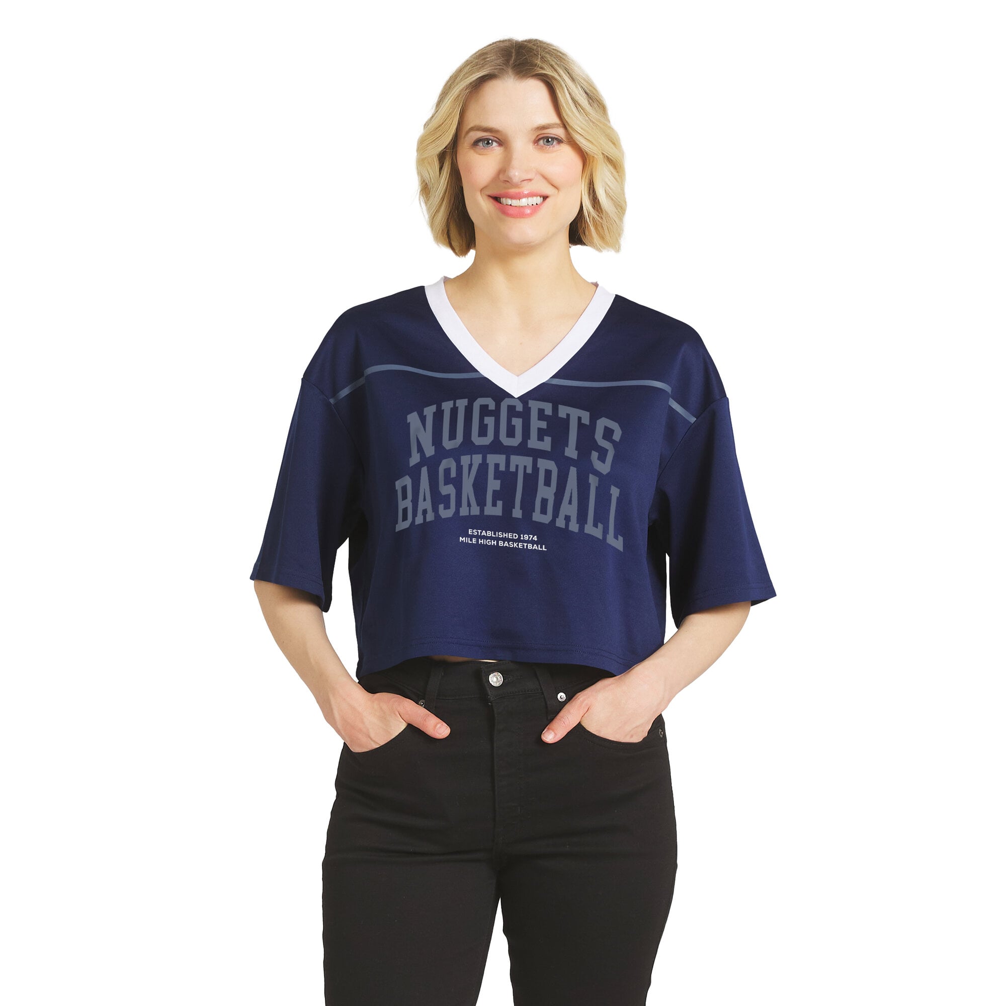 Women's WEAR by Erin Andrews  Navy Denver Nuggets Cropped Jersey V-Neck T-Shirt