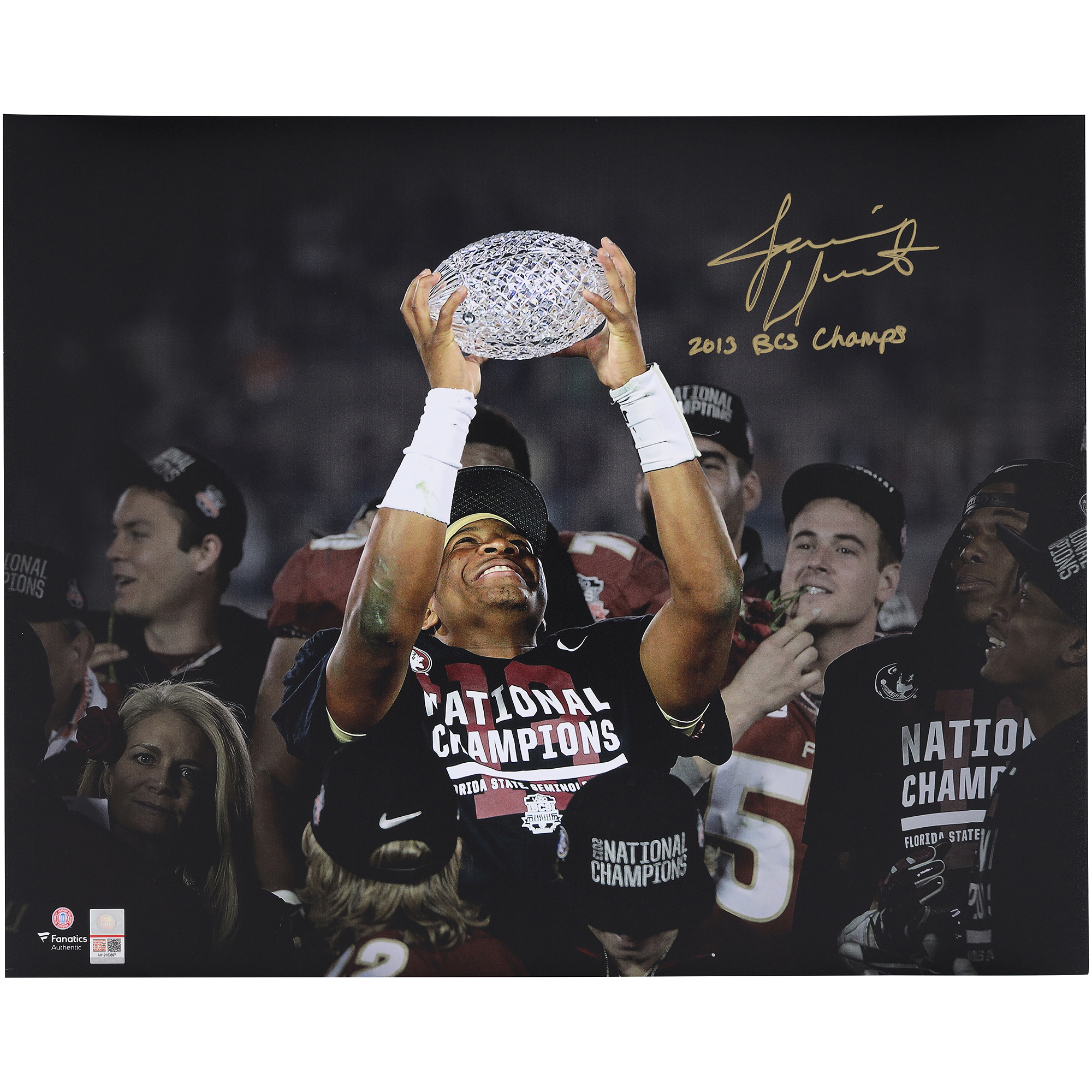 Jameis Winston Florida State Seminoles Autographed 16" x 20" Holding BCS Trophy Spotlight Photograph with "2013 BCS Champs" Inscription