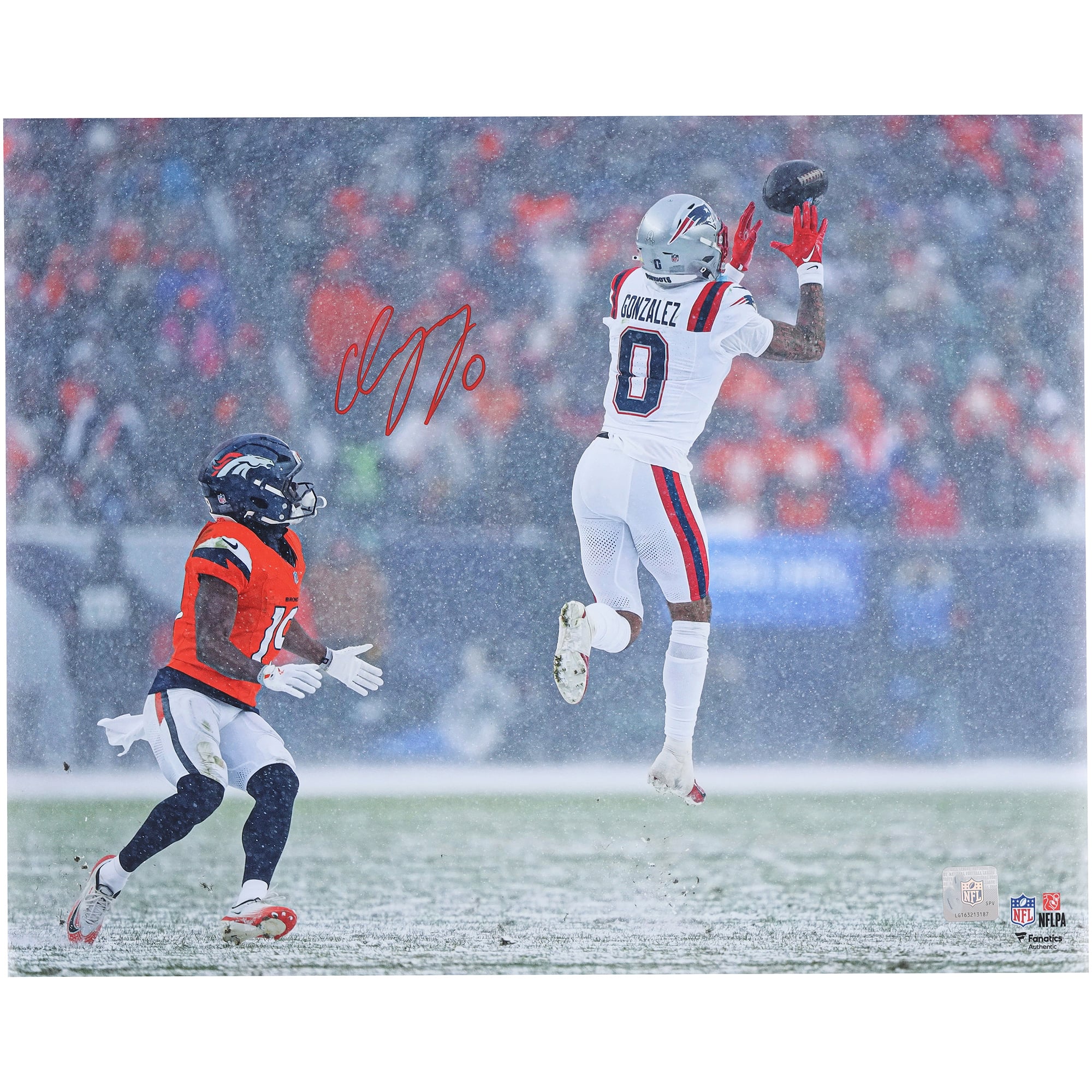 Christian Gonzalez New England Patriots Autographed 16" x 20" Snow Interception Photograph