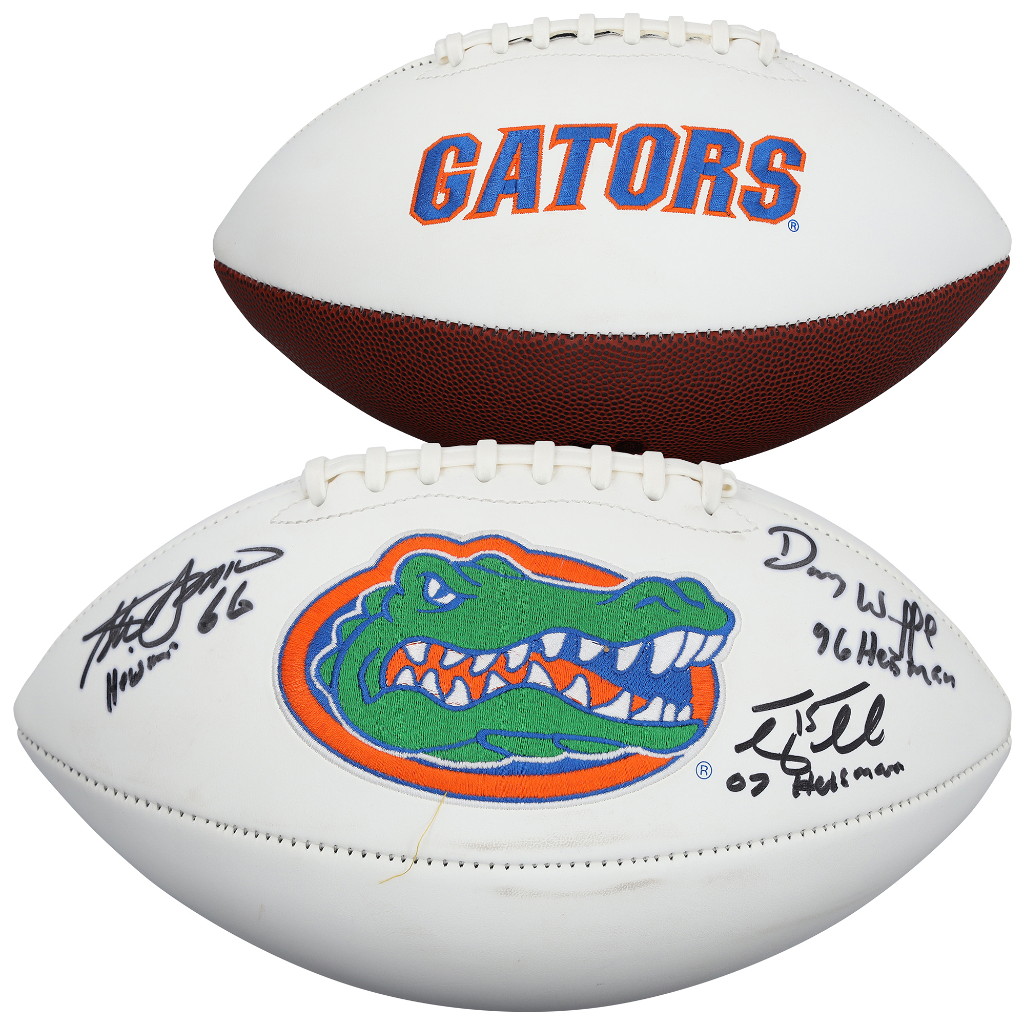 Tim Tebow, Steve Spurrier & Danny Wuerffel Florida Gators Autographed Jardin White Panel Football with Multiple Inscriptions