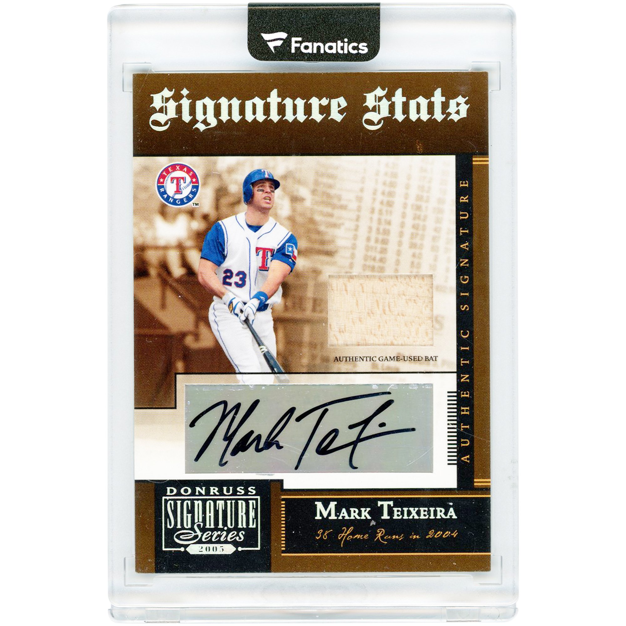 Mark Teixeira Texas Rangers Autographed 2005 Donruss Signature Series Signature Stats Game Used Bat Relic #SS-10 Card