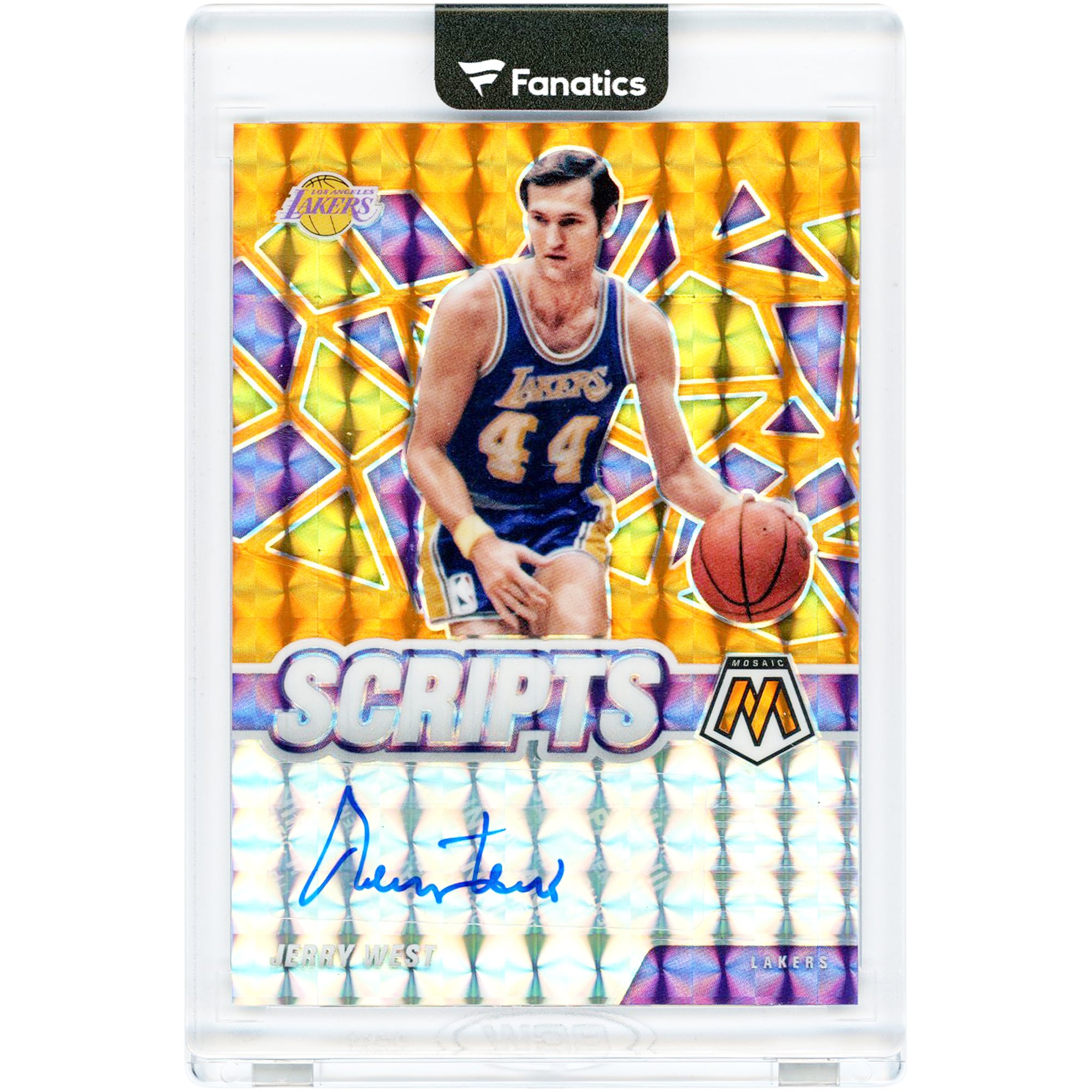 Jerry West Los Angeles Lakers Autographed 2020-21 Panini Mosaic Scripts Orange #SC-JWS Card. rookie card picture