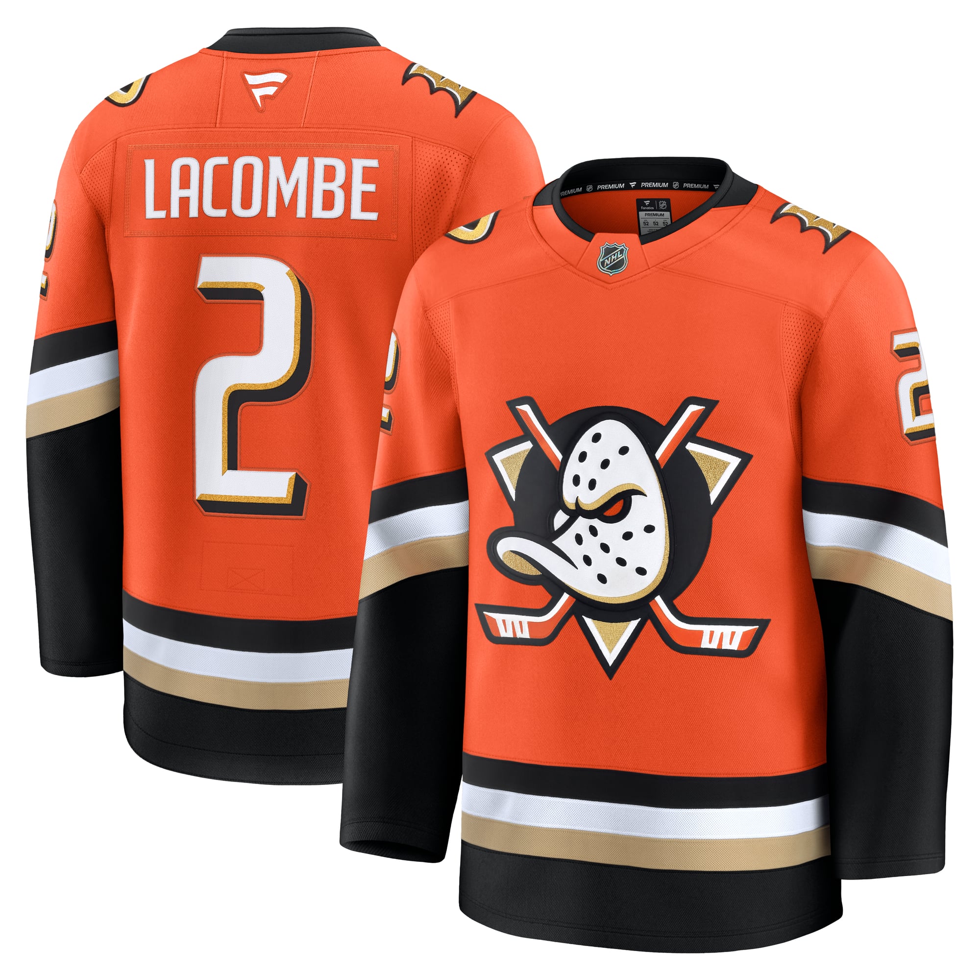 Camiseta Fanatics Premium de la 1.ª equipación del Anaheim Ducks - Naranja - Jackson LaCombe - Hombre: retailer-supplied image