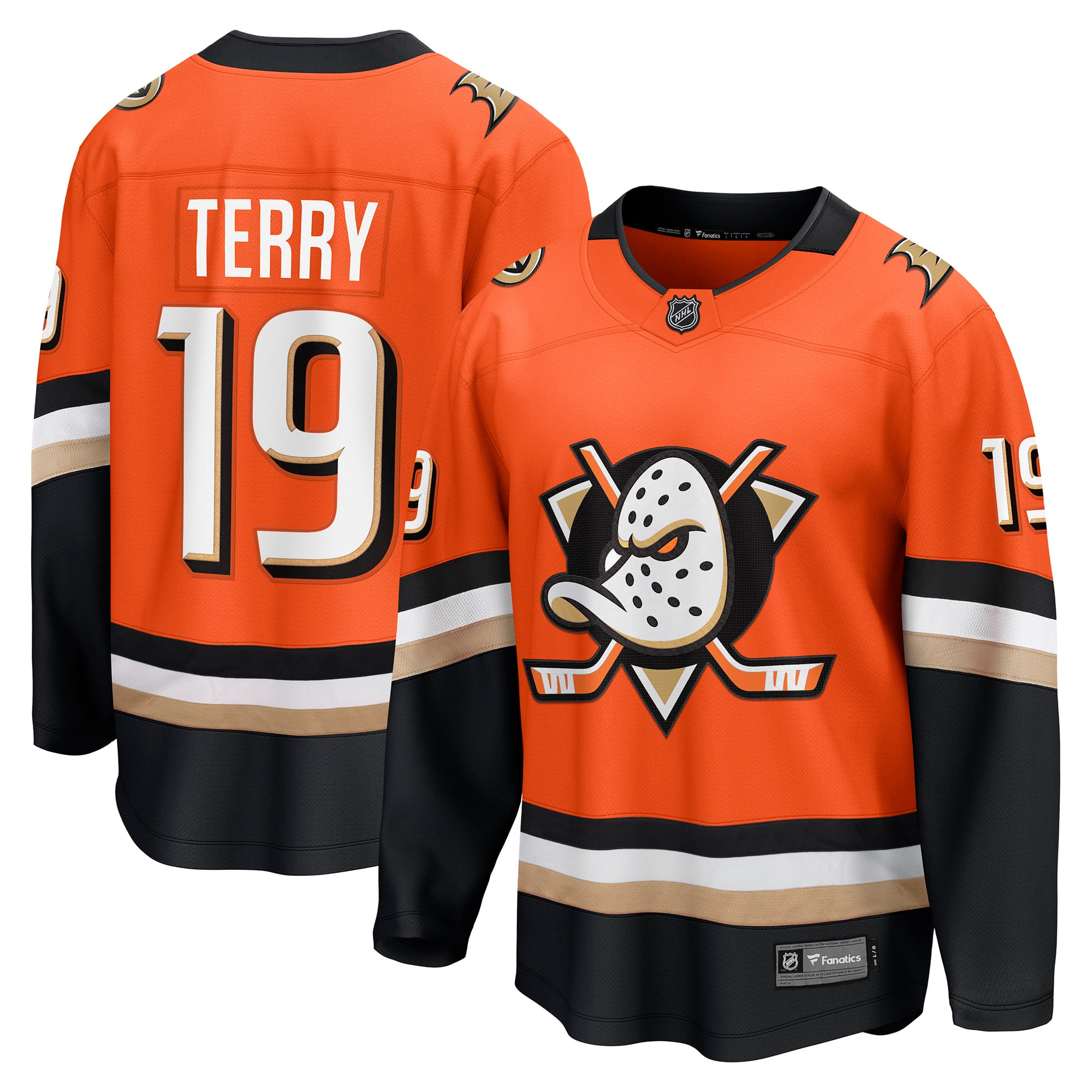 Anaheim Ducks Fanatics Home Breakaway Jersey - Orange - Troy Terry - Mens: retailer-supplied image