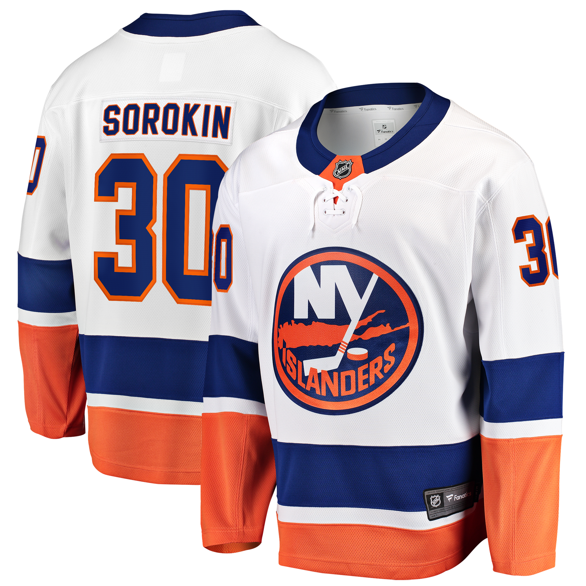 Maillot Extérieur Breakaway New York Islanders Fanatics - Blanc - Ilya Sorokin - Homme: retailer-supplied image