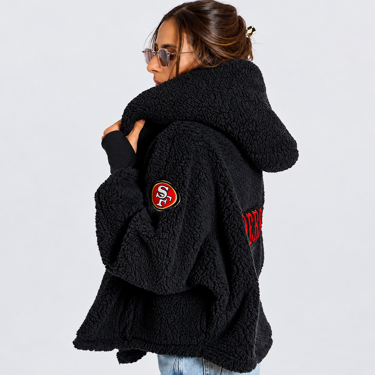 Women's by Jill Martin Black San Francisco 49ers Remix Cropped Chenille Patch Sherpa Lounger Jacket