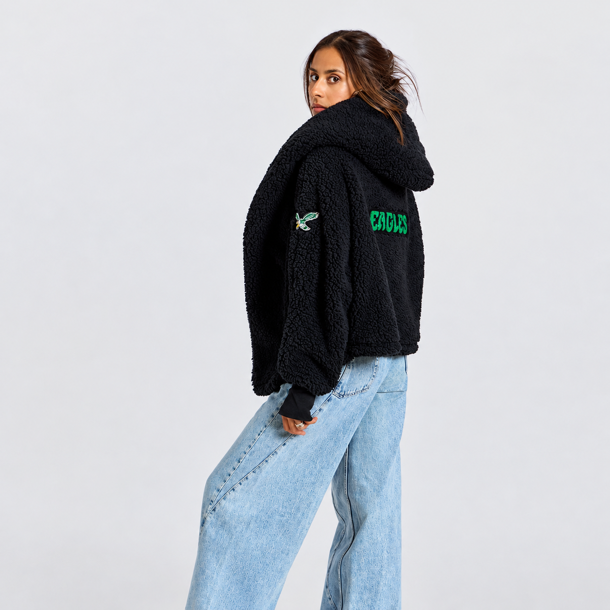 Women's by Jill Martin Black Philadelphia Eagles Remix Cropped Chenille Patch Sherpa Lounger Jacket