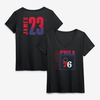 Women's LeBron James Black Philadelphia 76ers Home Court Pop Name & Number V-Neck T-Shirt