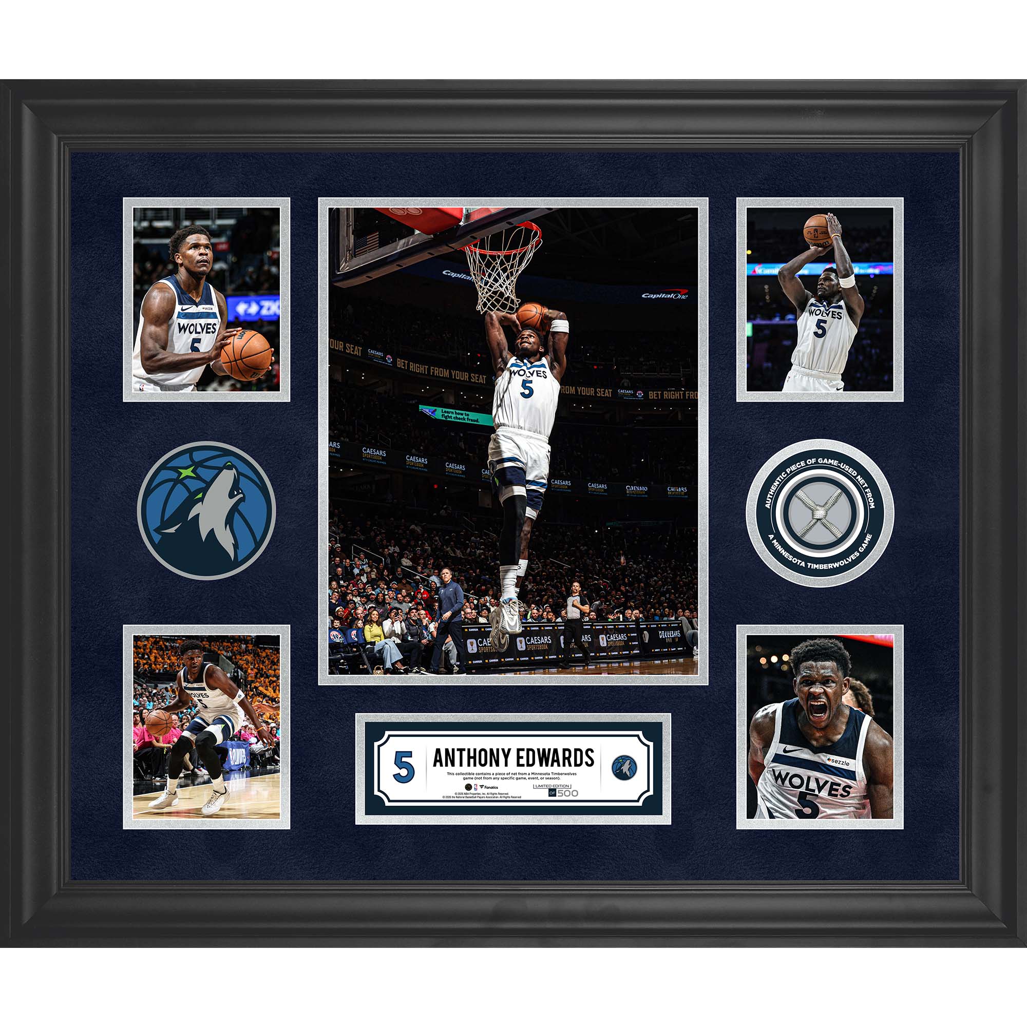 Anthony Edwards Minnesota Timberwolves Framed 5-Photo Collage with a Piece of Game-Used Net - Limited Edition of 500