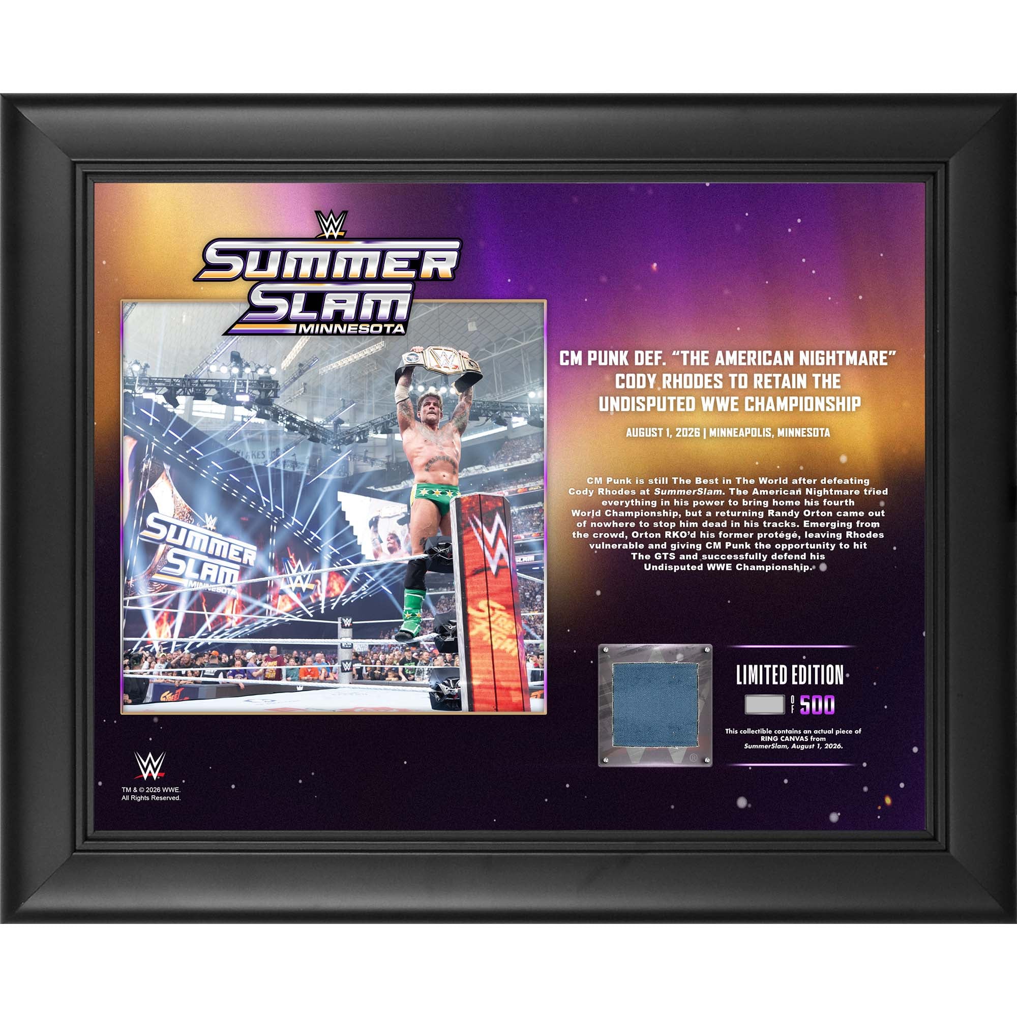 CM Punk WWE Framed 13" x 16" SummerSlam 2026 Night 1 Collage with a Piece of Match-Used Canvas - Limited Edition of 500