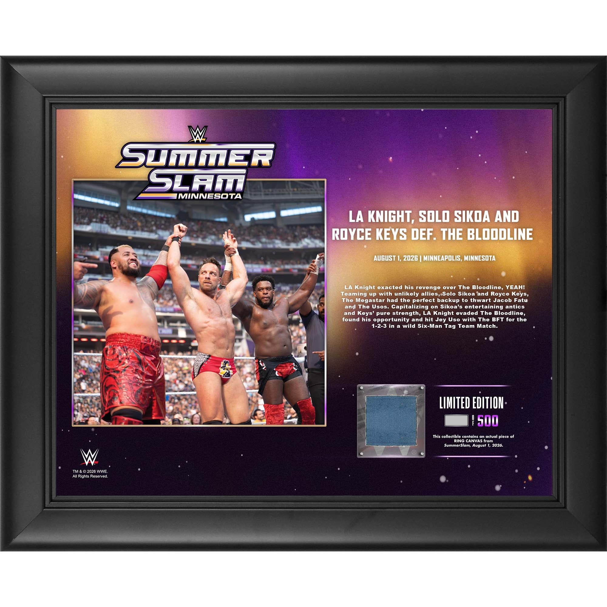 LA Knight, Solo Sikoa & Royce Keys WWE Framed 13" x 16" SummerSlam 2026 Night 1 Collage with a Piece of Match-Used Canvas - Limited Edition of 500
