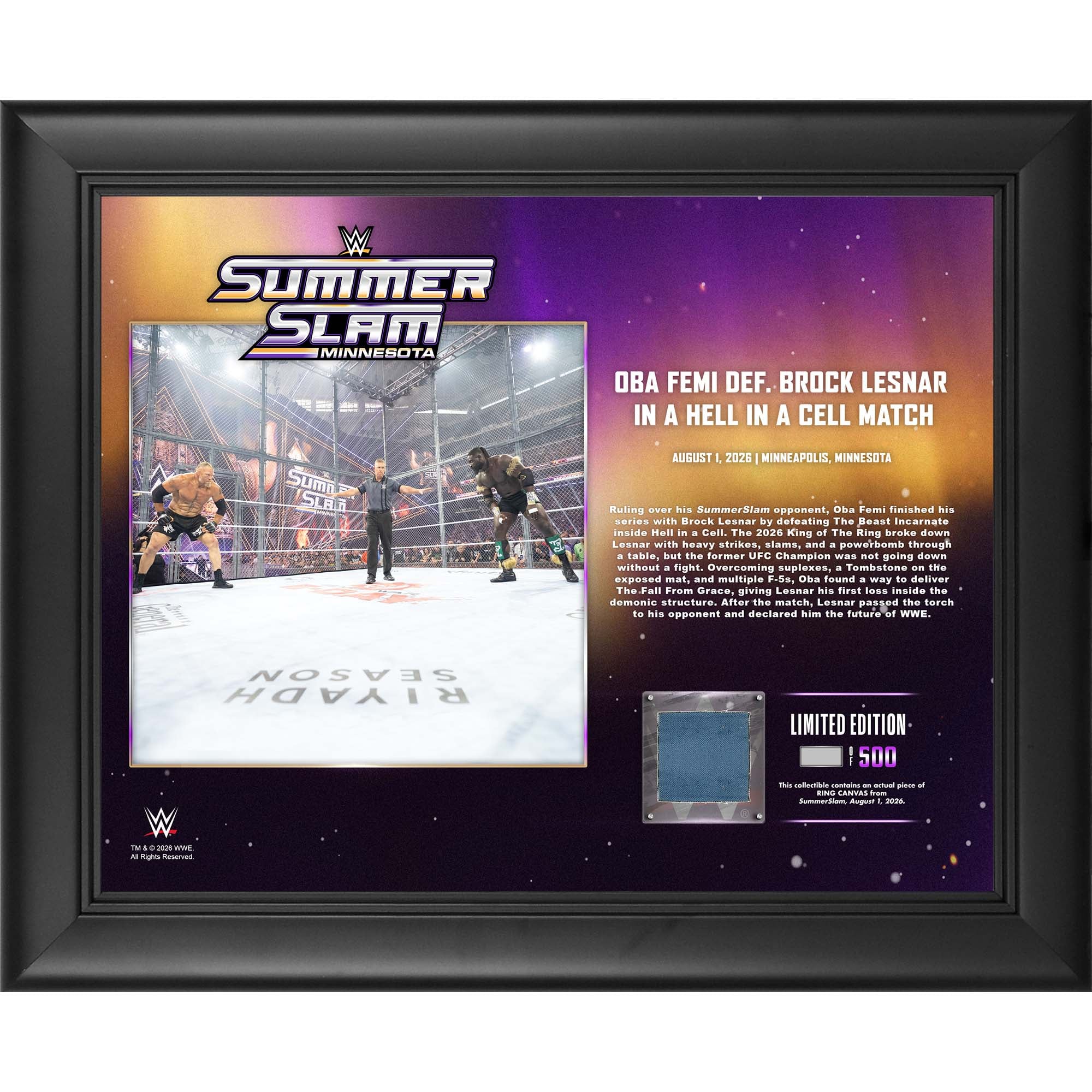 Oba Femi WWE Framed 13" x 16" SummerSlam 2026 Night 1 Collage with a Piece of Match-Used Canvas - Limited Edition of 500