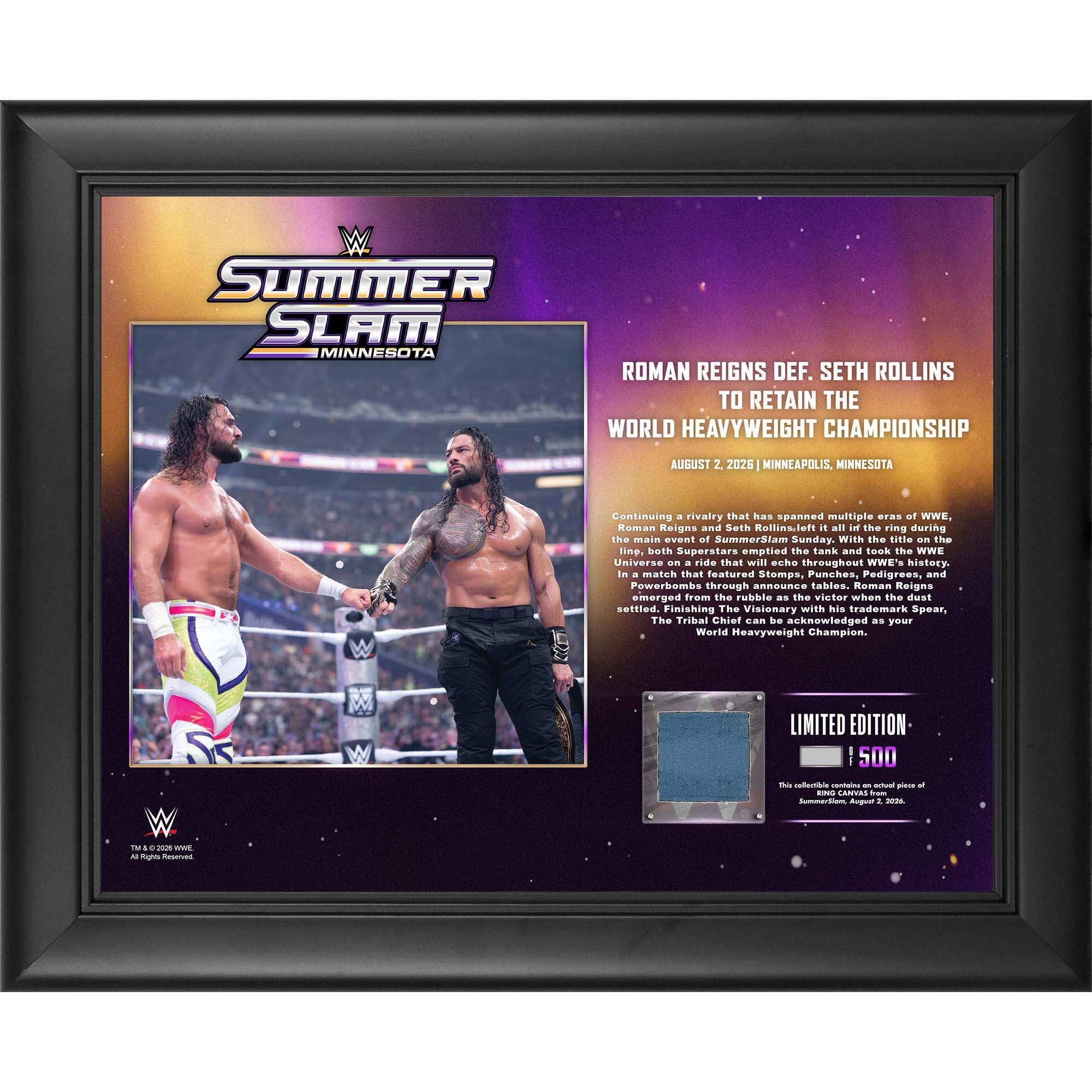Roman Reigns WWE Framed 13" x 16" SummerSlam 2026 Night 2 Collage with a Piece of Match-Used Canvas - Limited Edition of 500