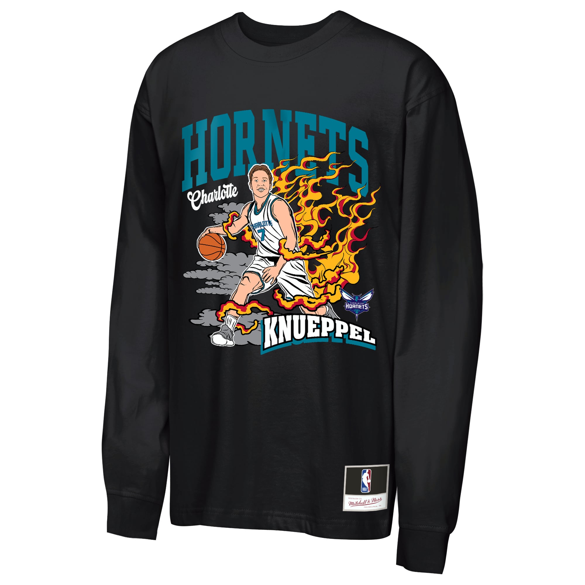 Youth Mitchell & Ness Kon Knueppel Black Charlotte Hornets Fired Up Long Sleeve T-Shirt