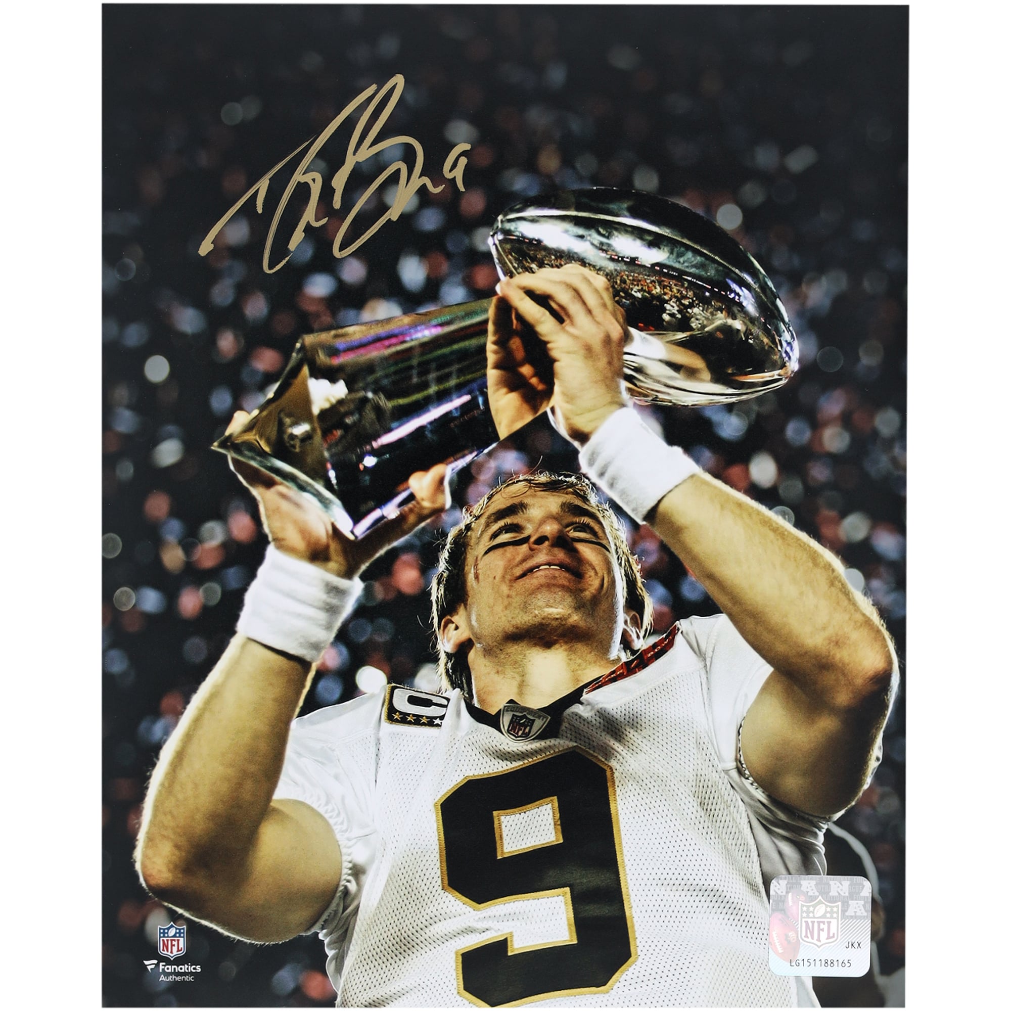 Drew Brees New Orleans Saints Autographed 8" x 10" Holding Lombardi Trophy Spotlight Photograph