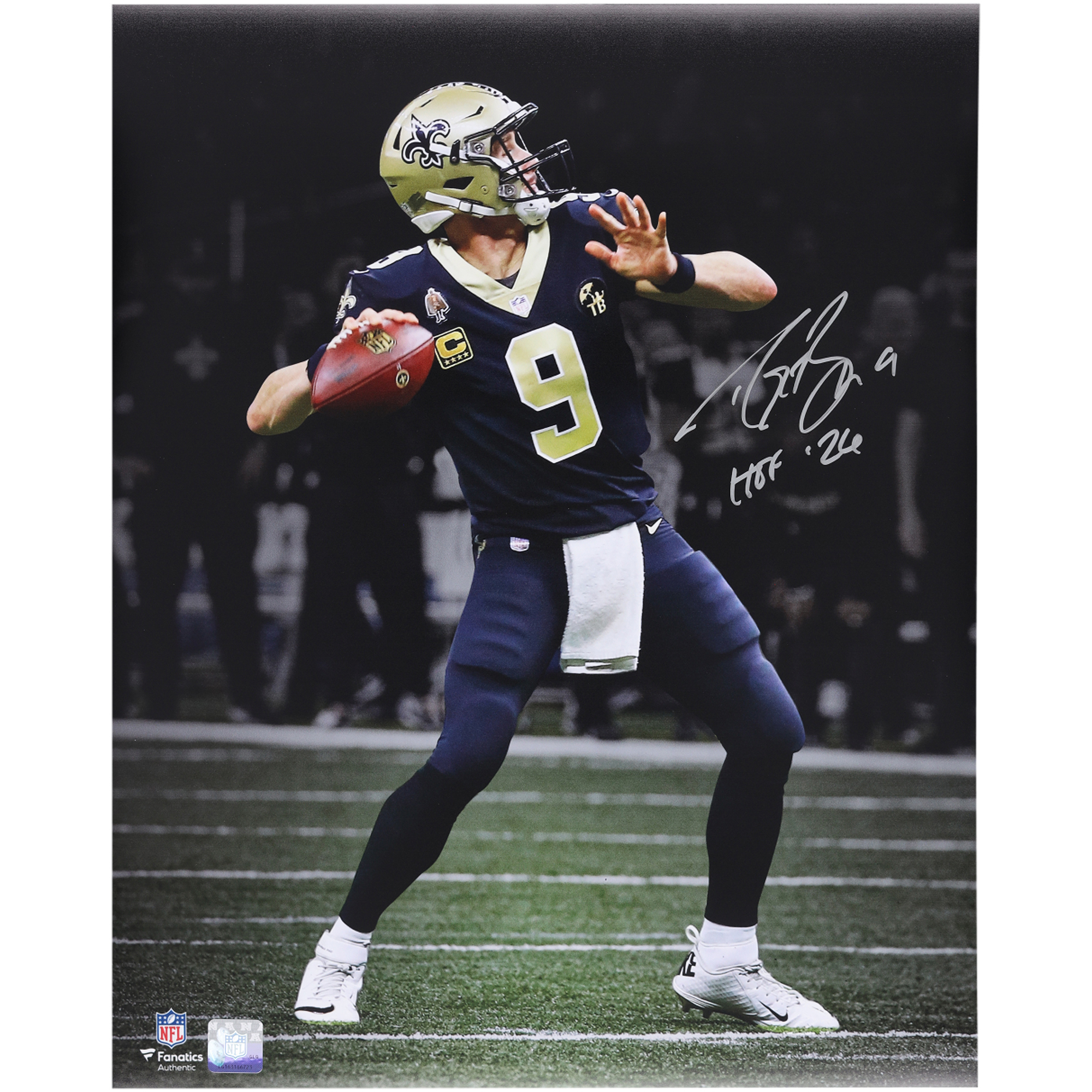 Drew Brees New Orleans Saints Autographed 16" x 20" Passing Spotlight Photograph with "HOF 26" Inscription