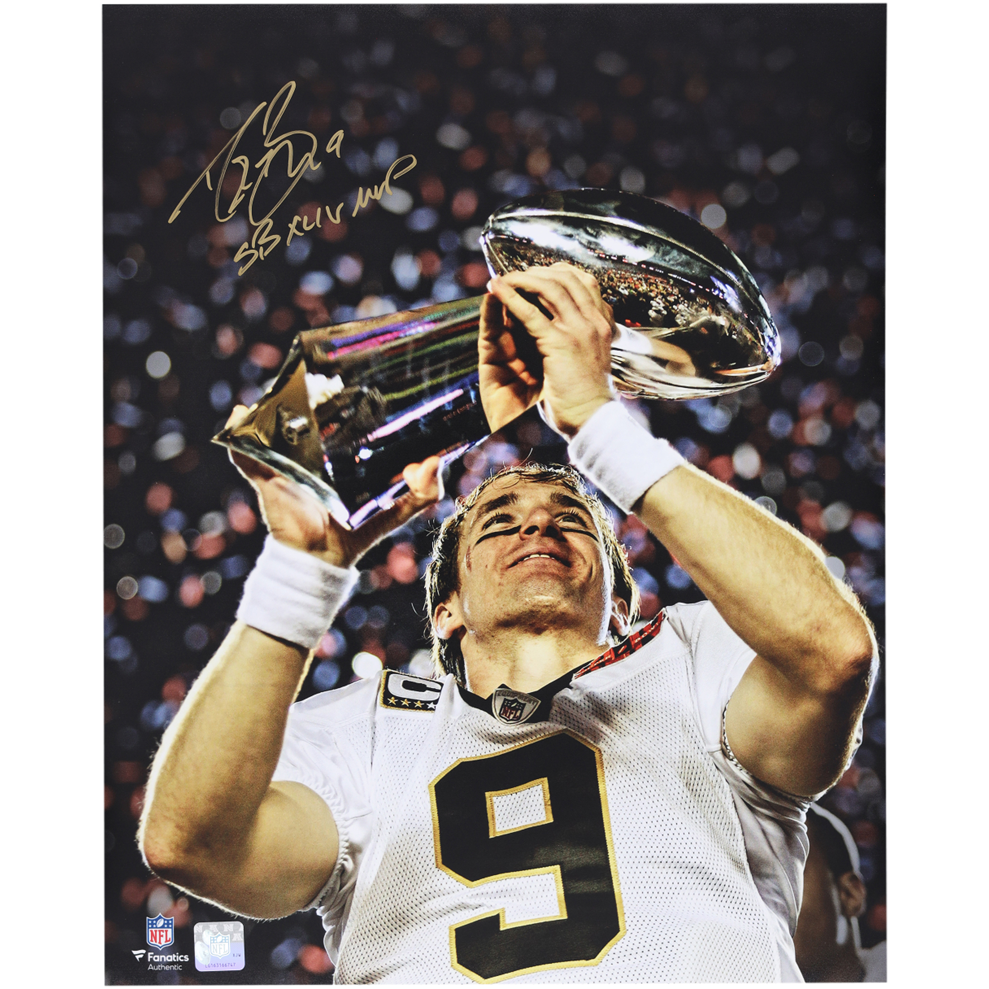 Drew Brees New Orleans Saints Autographed 16" x 20" Holding Lombardi Trophy Spotlight Photograph with "SB XLIV MVP" Inscription