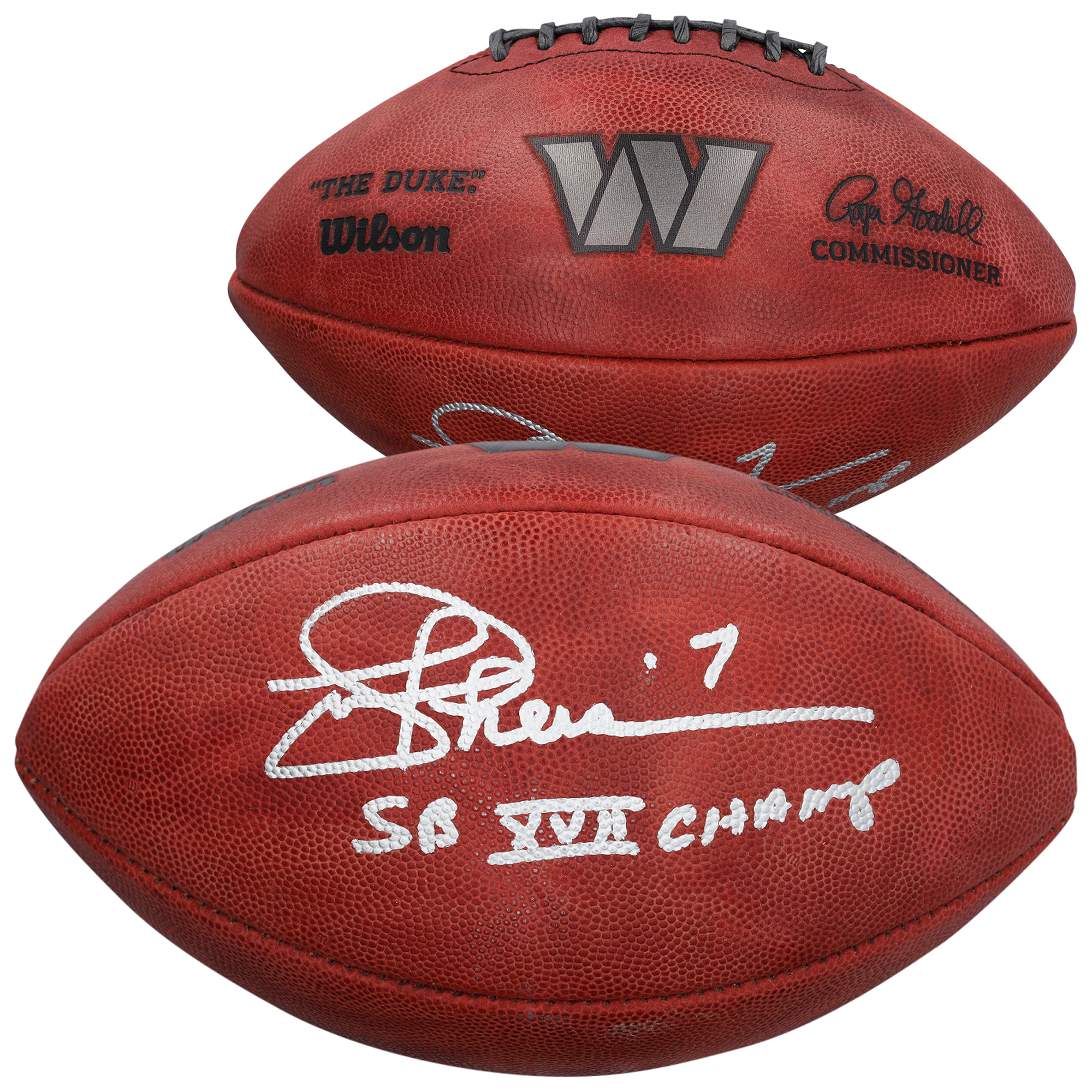 Joe Theismann Washington Commanders Autographed Wilson Duke Metallic Silver Football with “SB XVII Champs” Inscription
