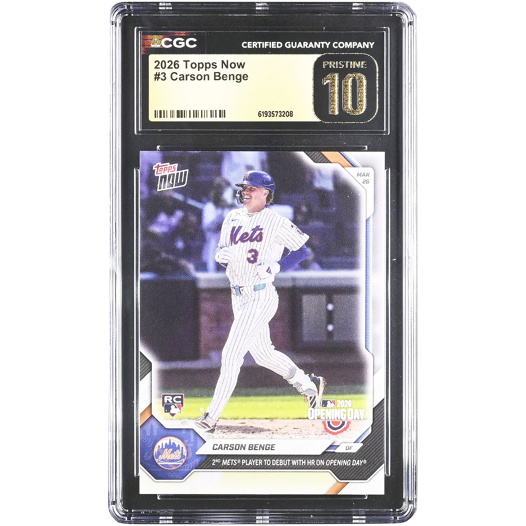 Carson Benge New York Mets 2026 Topps Now 2nd Mets Player to Debut with HR on Opening Day #3 CGC Authenticated Pristine 10 Rookie Card