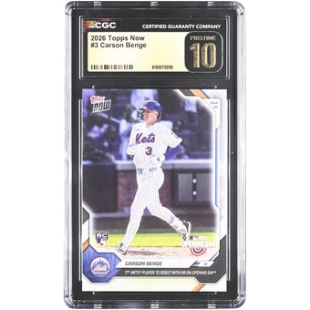 Carson Benge New York Mets 2026 Topps Now 2nd Mets Player to Debut with HR on Opening Day #3 CGC Authenticated Pristine 10 Rookie Card