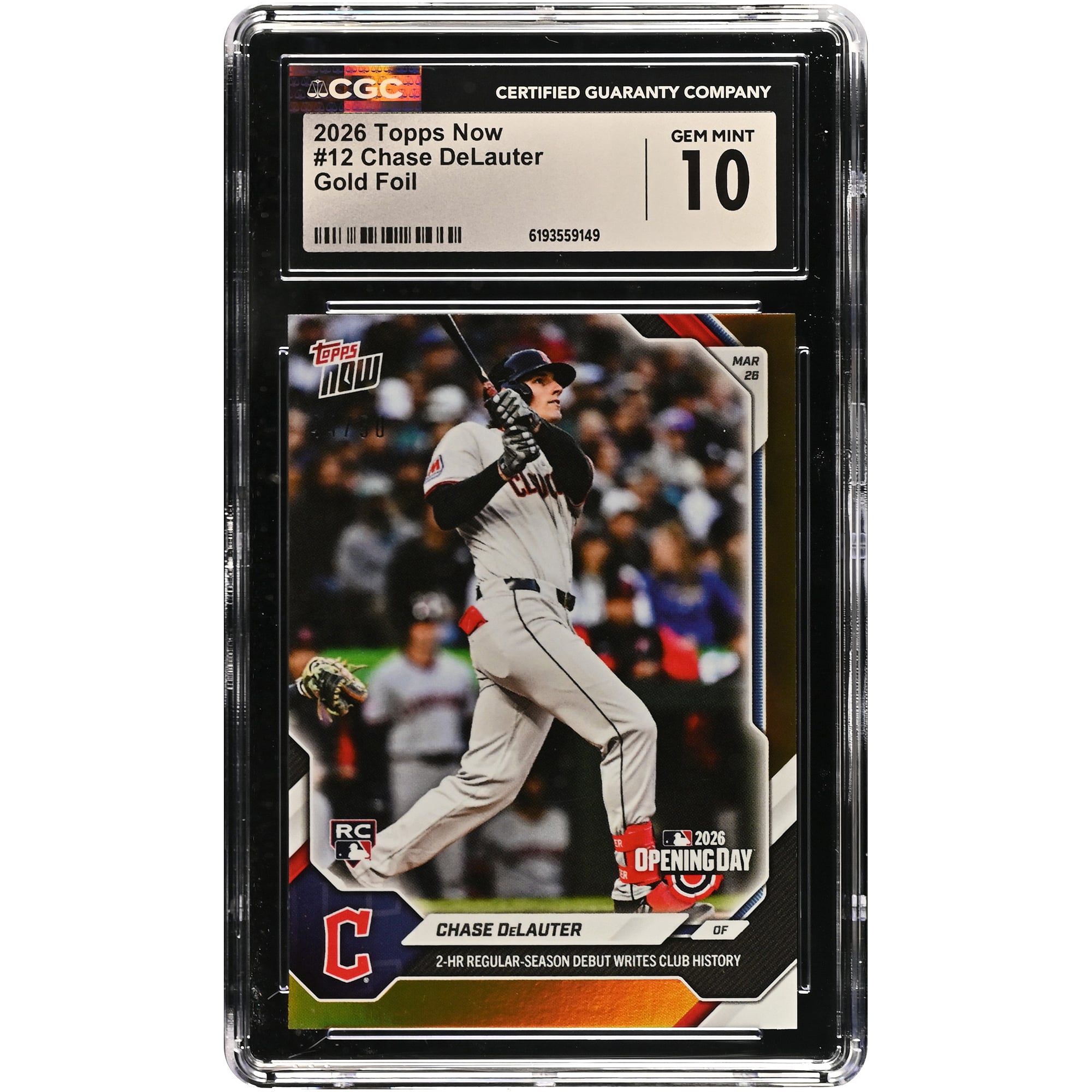 Chase DeLauter Cleveland Guardians 2026 Topps Now 2-HR Regular-Season Debut Writes Club History Gold Foil #12 #/50 CGC Authenticated 10 Rookie Card