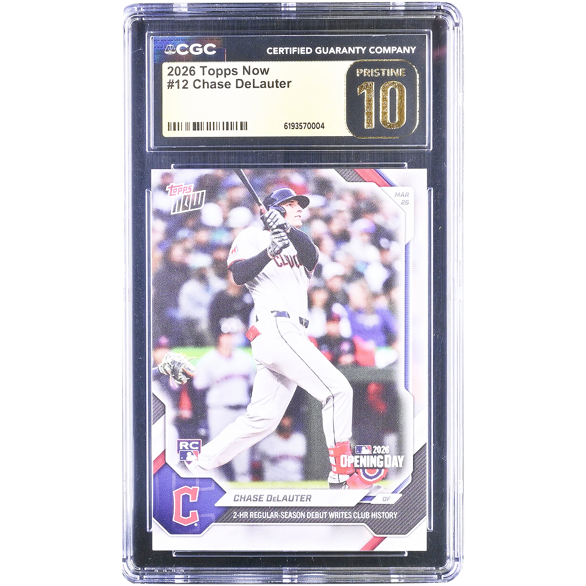 Chase DeLauter Cleveland Guardians 2026 Topps Now 2-HR Regular-Season Debut Writes Club History #12 CGC Authenticated Pristine 10 Rookie Card