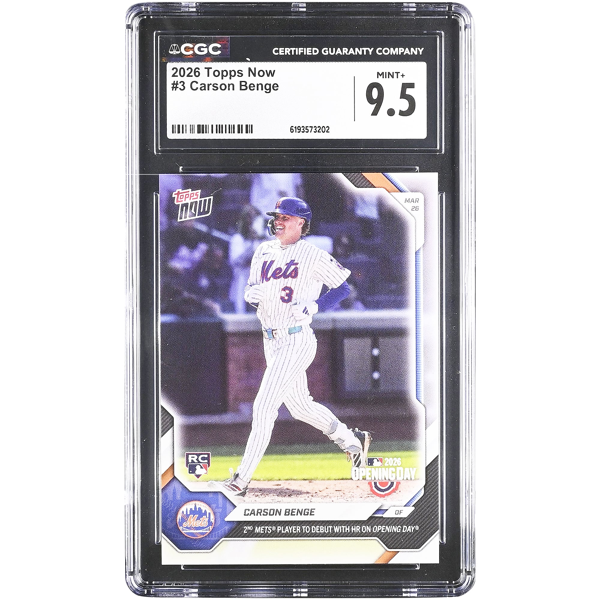 Carson Benge New York Mets 2026 Topps Now 2nd Mets Player to Debut with HR on Opening Day #3 CGC Authenticated Rookie Card