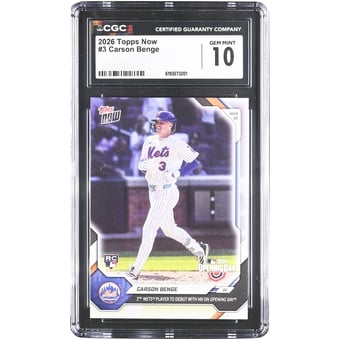 Carson Benge New York Mets 2026 Topps Now 2nd Mets Player to Debut with HR on Opening Day #3 CGC Authenticated 10 Rookie Card
