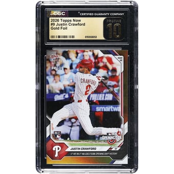 Justin Crawford Philadelphia Phillies 2026 Topps Now 1st Hit in 1st AB Logs Team Opening Day History Gold Foil #9 #/50 CGC Authenticated Pristine 10 Rookie Card