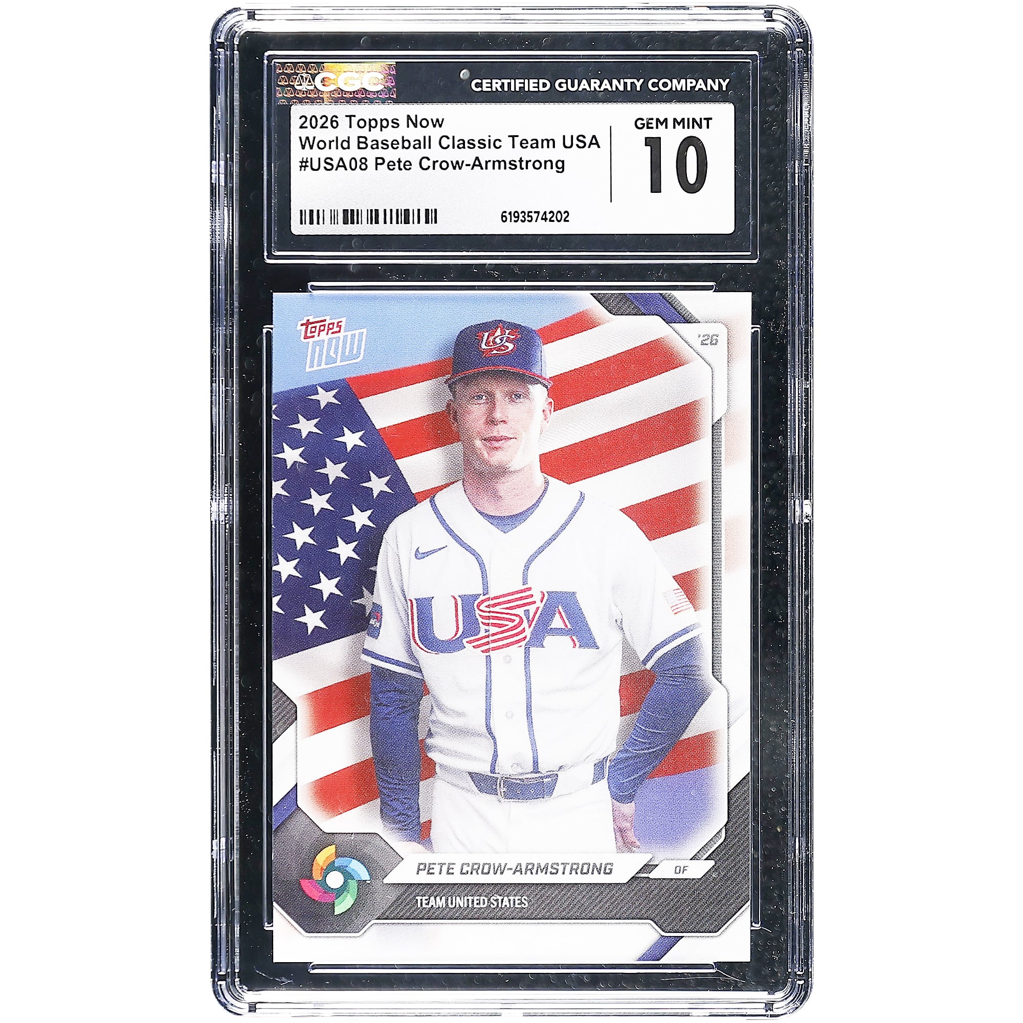 Pete Crow-Armstrong USA Baseball 2026 Topps Now #USA08 CGC Authenticated 10 Card. rookie card picture
