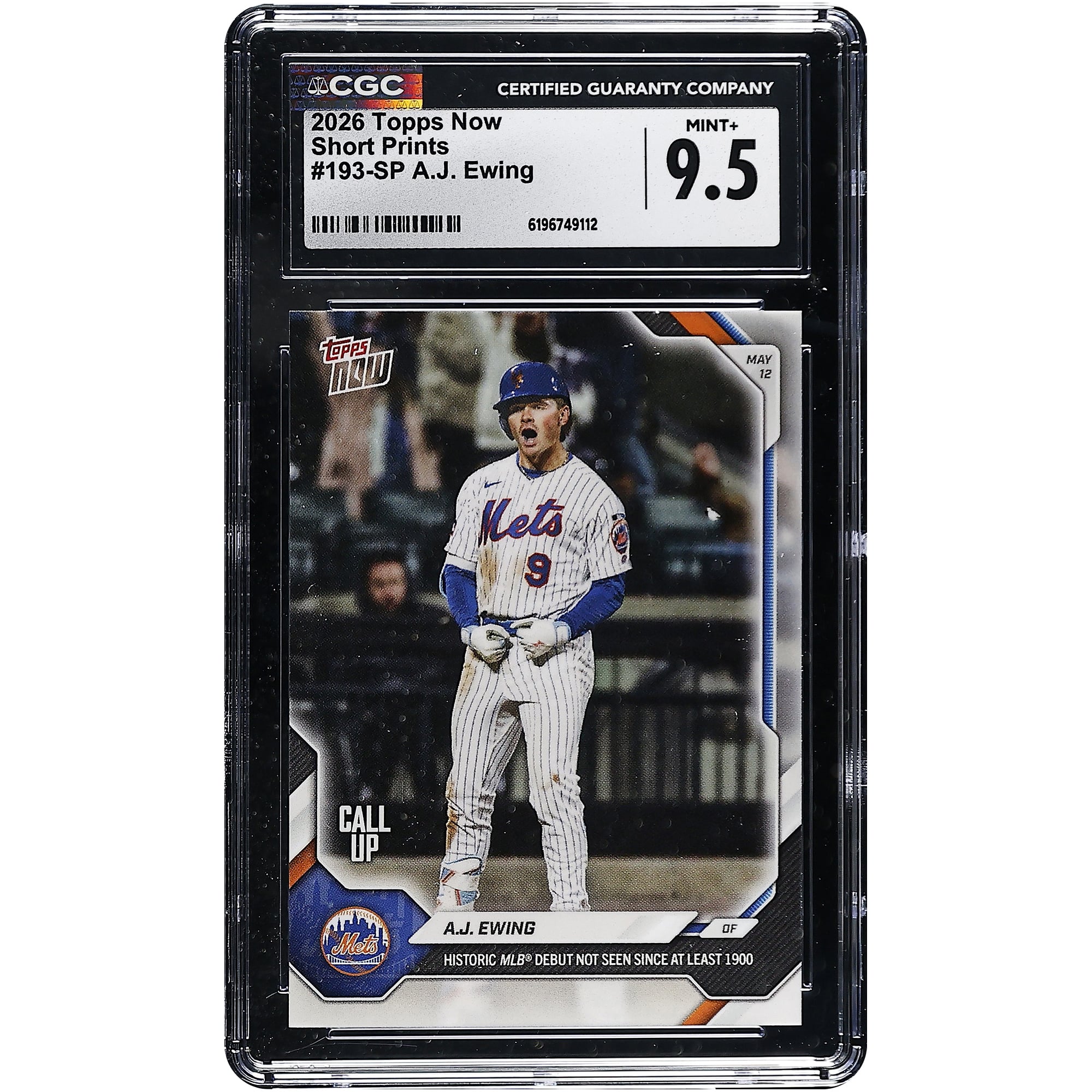 A.J. Ewing New York Mets 2026 Topps Now Historic MLB Debut Not Seen Since at Least 1900 Short Prints #193-SP CGC Authenticated MINT+ 9.5 Card