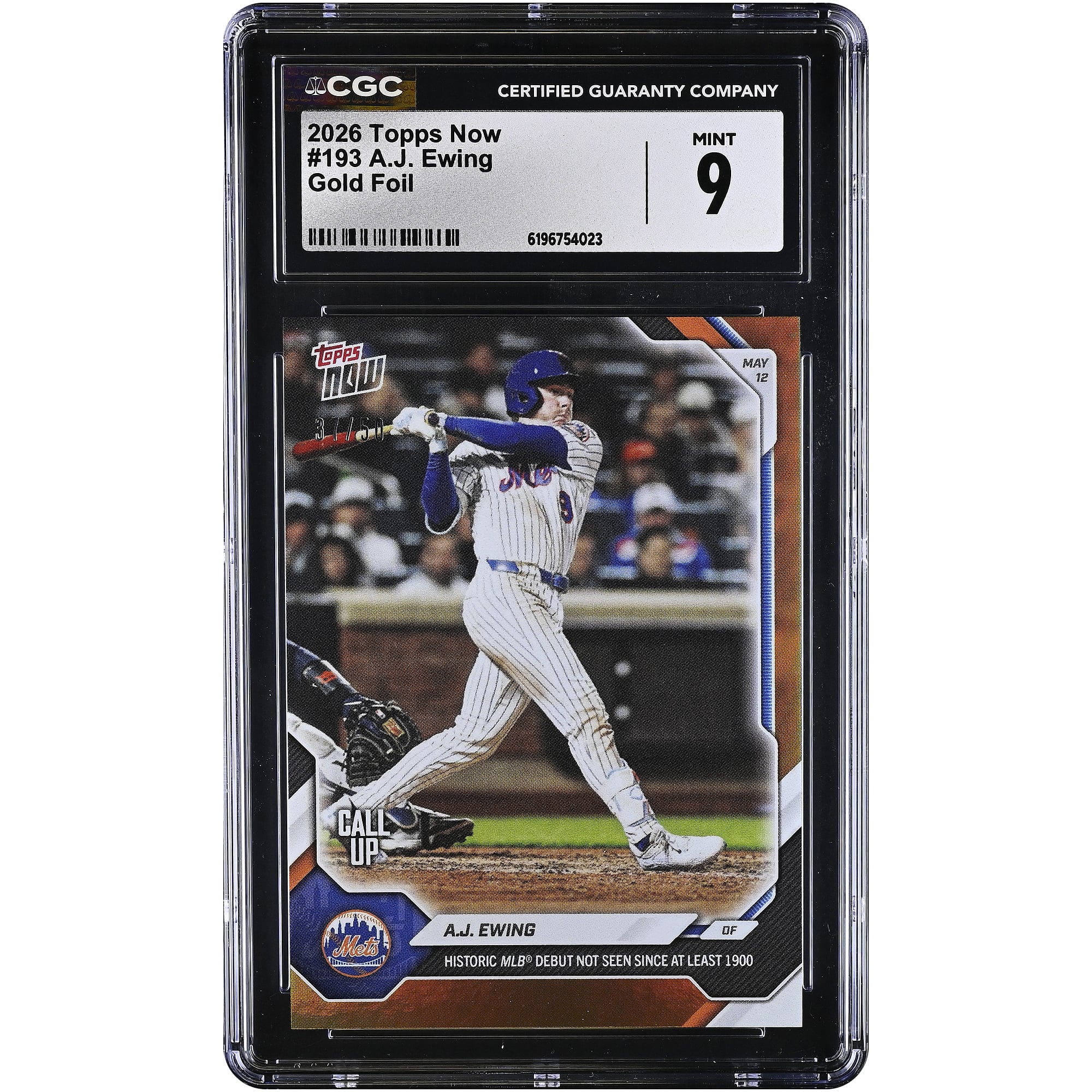 A.J. Ewing New York Mets 2026 Topps Now Historic MLB Debut Not Seen Since at Least 1900 Gold Foil #193 #/50 CGC Authenticated 9 Card