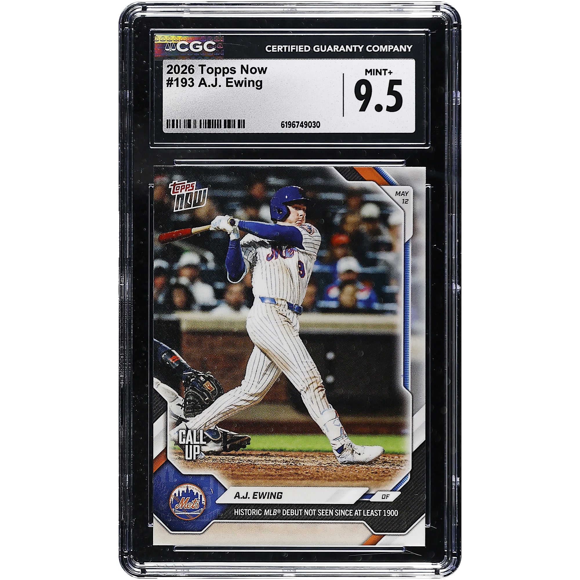 A.J. Ewing New York Mets 2026 Topps Now Historic MLB Debut Not Seen Since at Least 1900 #193 CGC Authenticated MINT+ 9.5 Card