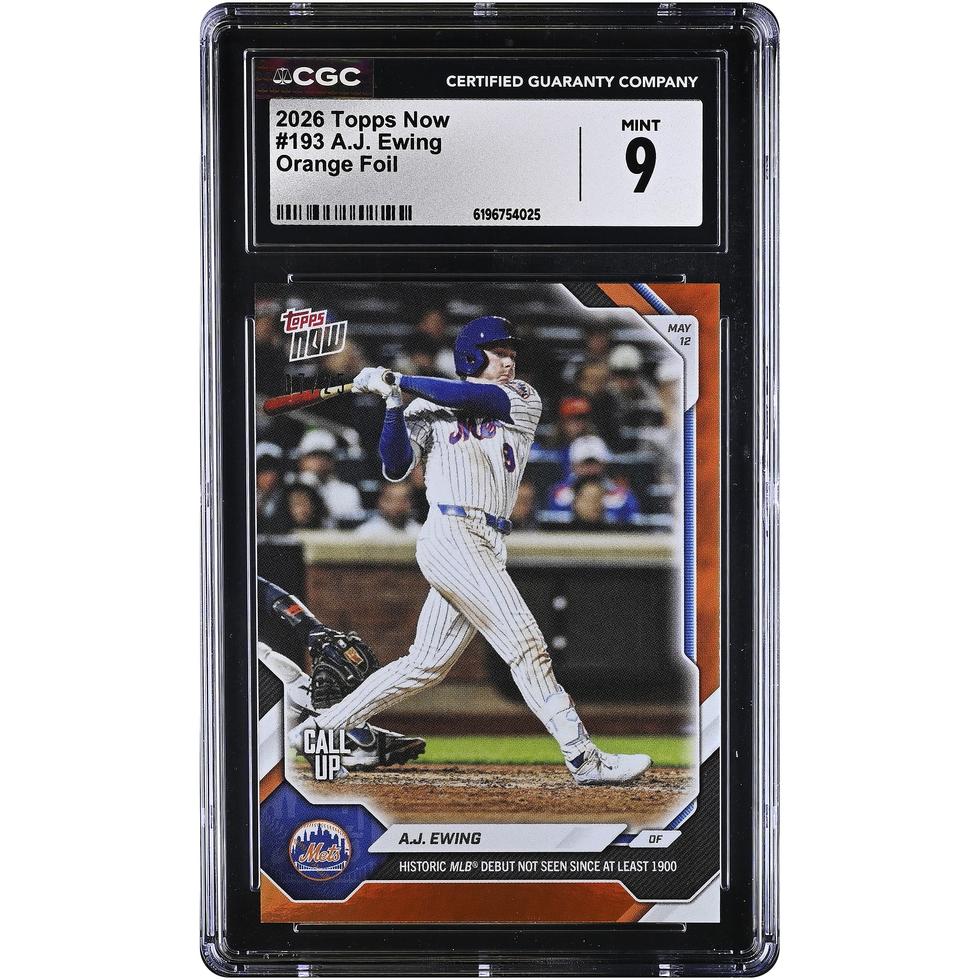 A.J. Ewing New York Mets 2026 Topps Now Historic MLB Debut Not Seen Since at Least 1900 Orange Foil #193 #/25 CGC Authenticated 9 Card