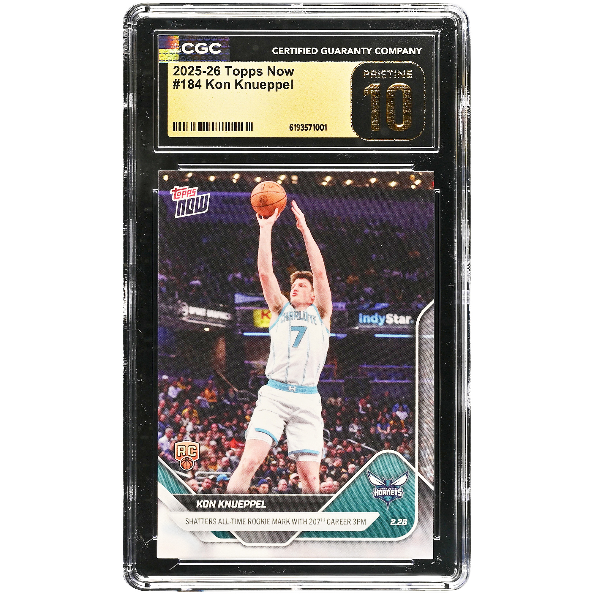 Kon Knueppel Charlotte Hornets 2025-26 Topps Now Shatters All-Time Rookie Mark with 207th Career 3PM #184 CGC Authenticated Pristine 10 Rookie Card