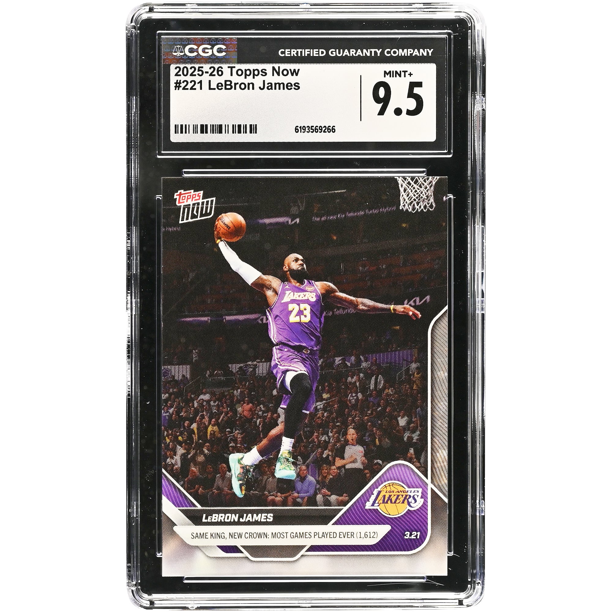 LeBron James Los Angeles Lakers 2025-26 Topps Now Same King, New Crown: Most Game Played Ever (1,612) #221 CGC Authenticated Card