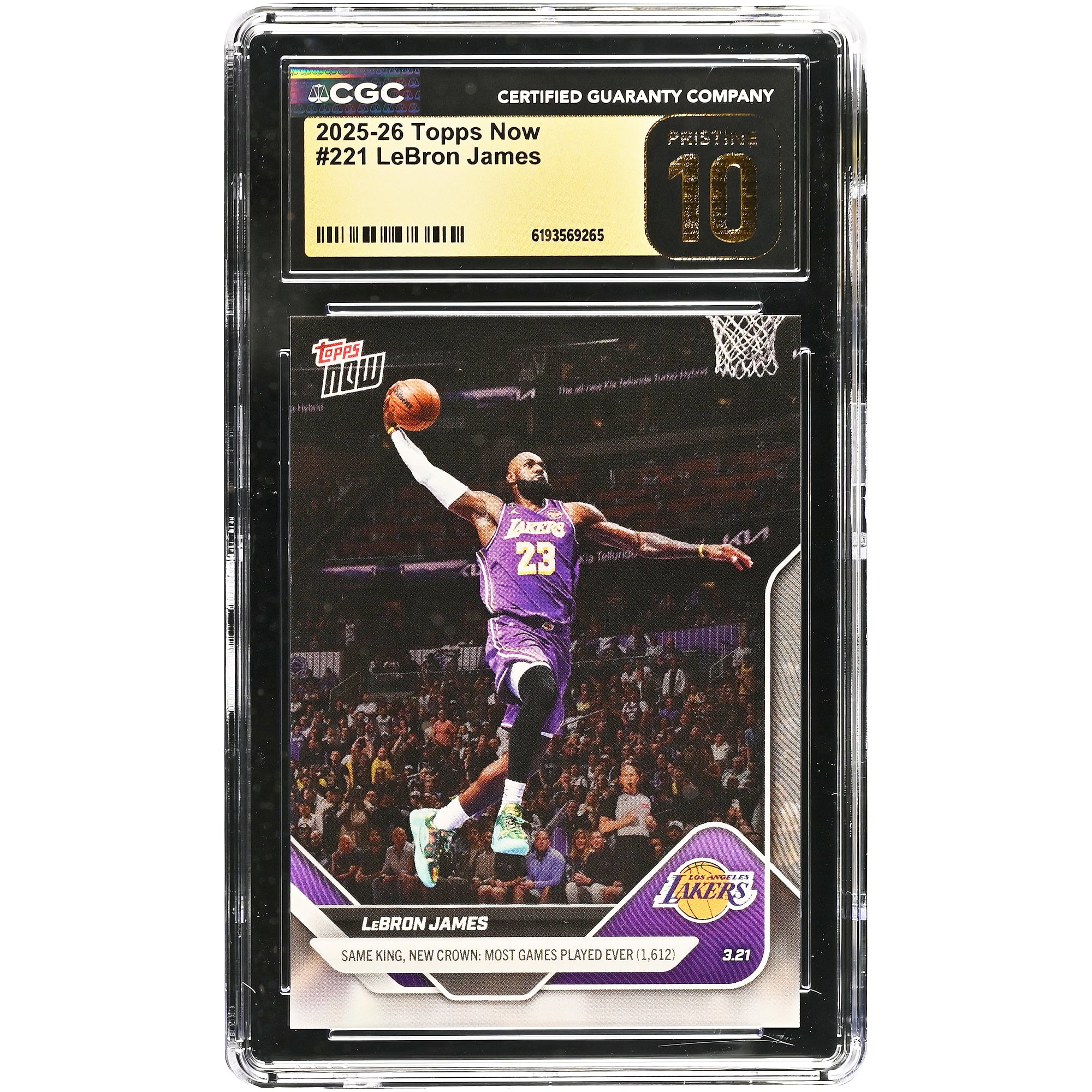 LeBron James Los Angeles Lakers 2025-26 Topps Now Same King, New Crown: Most Game Played Ever (1,612) #221 CGC Authenticated Pristine 10 Card