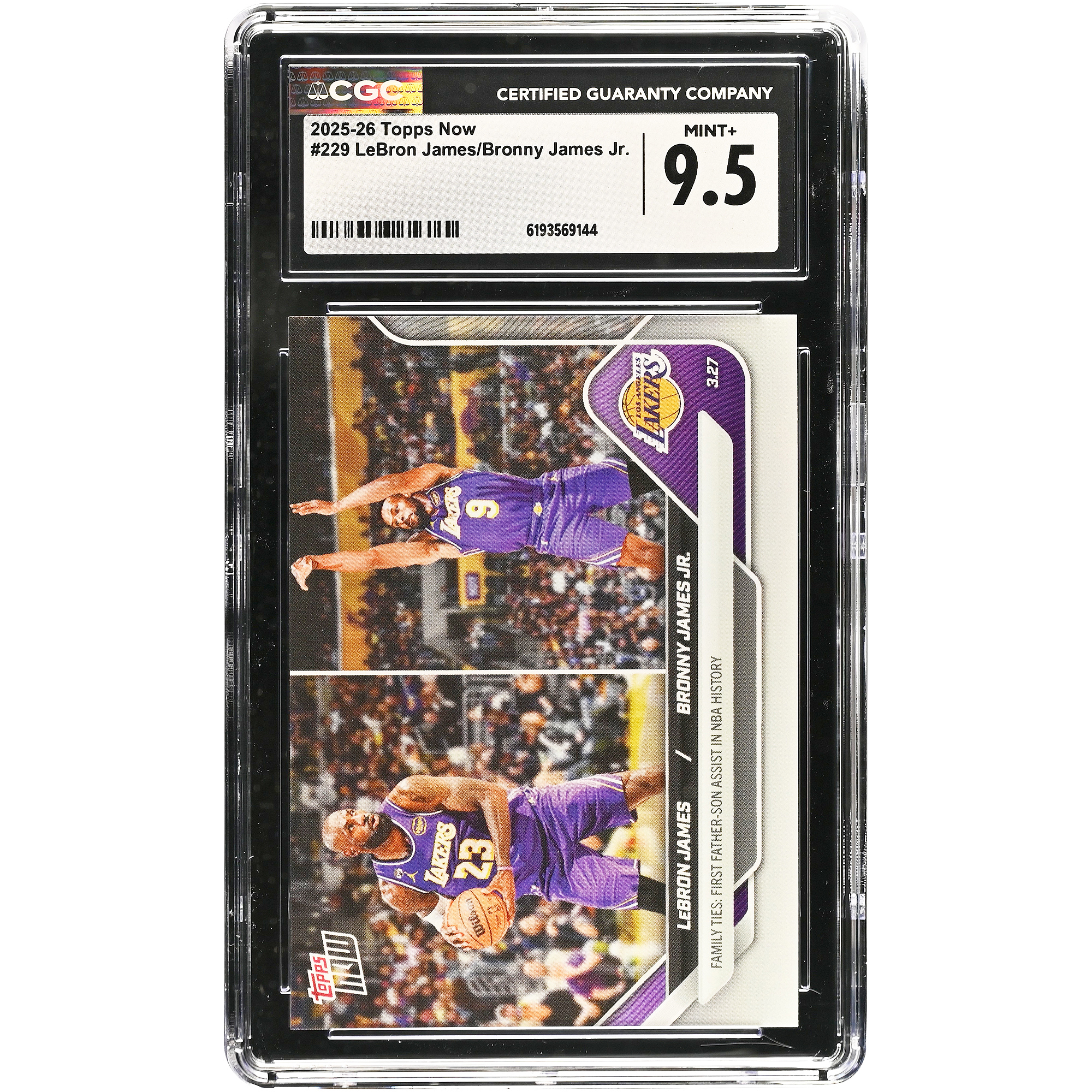 LeBron James & Bronny James Jr. Los Angeles Lakers 2025-26 Topps Now Family Ties: First Father-Son Assist in NBA History #229 CGC Authenticated Card