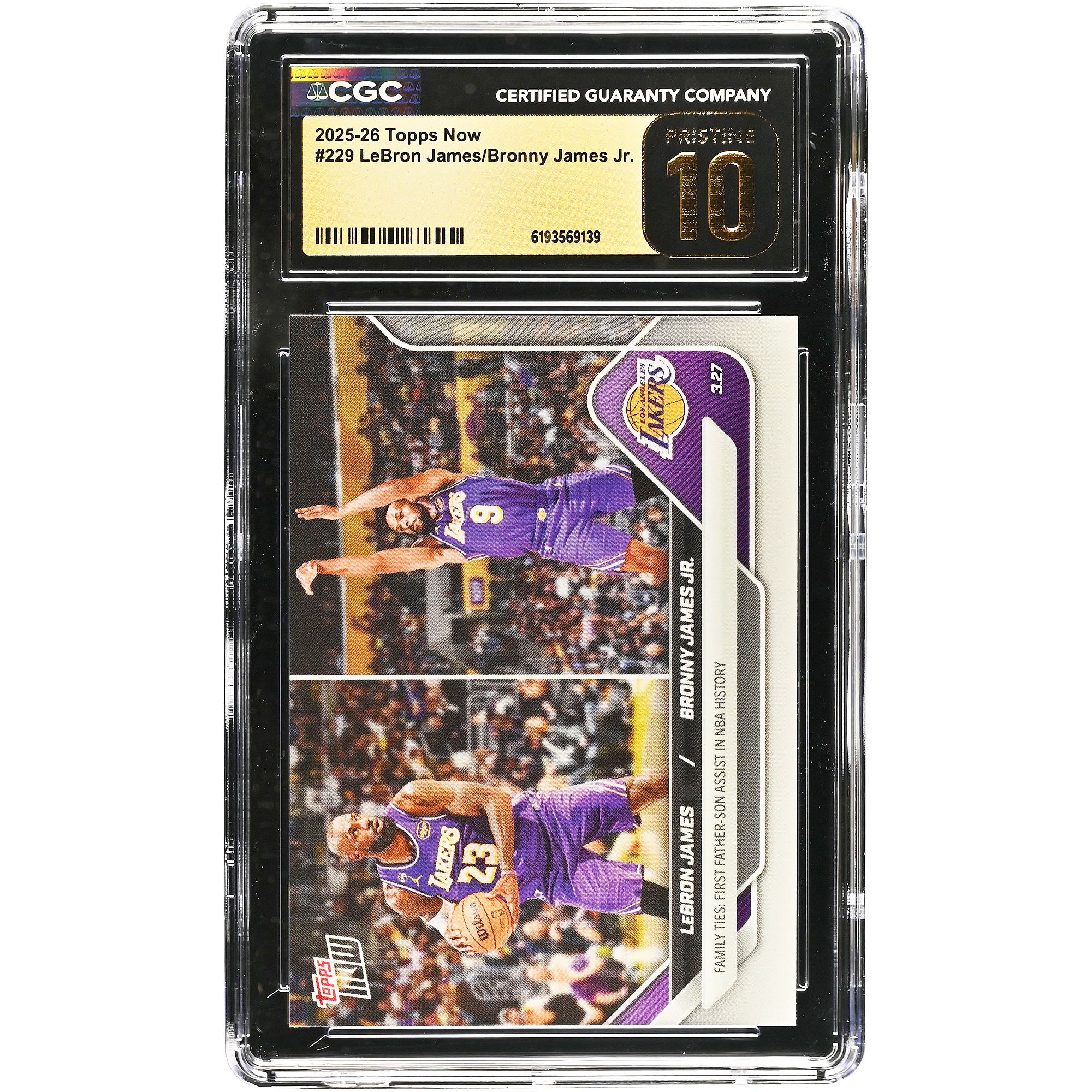LeBron James & Bronny James Jr. Los Angeles Lakers 2025-26 Topps Now Family Ties: First Father-Son Assist in NBA History #229 CGC Authenticated Pristine 10 Card