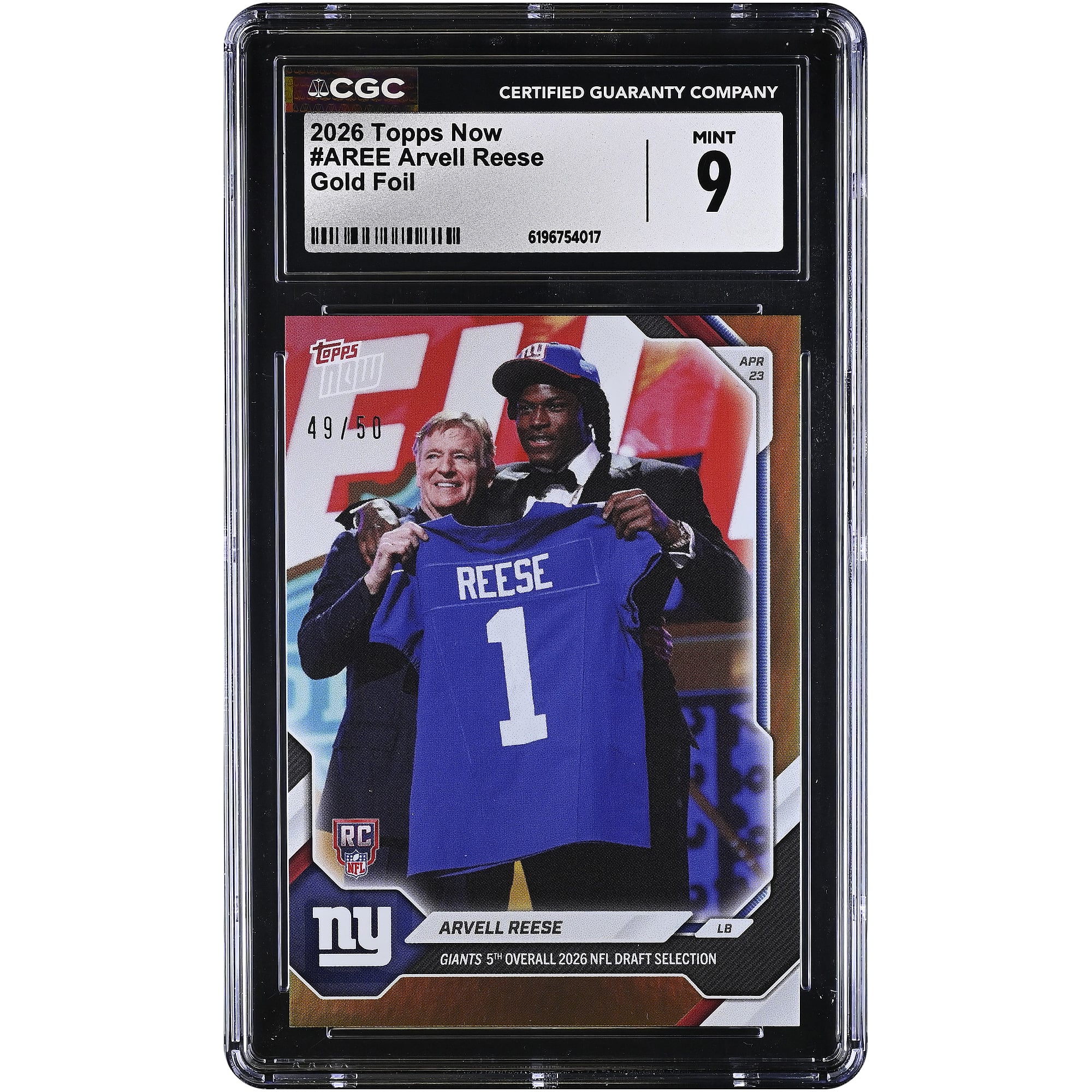 Arvell Reese New York Giants 2026 Topps Now Giants 5th Overall ’26 NFL Draft Selection Gold Foil #AREE #/50 CGC Authenticated 9 Rookie Card Arvell Reese New York Giants 2026 Topps Now Giants 5th Overall ’26 NFL Draft Selection Gold Foil #AREE #/50 CGC Authenticated 9 Rookie Card